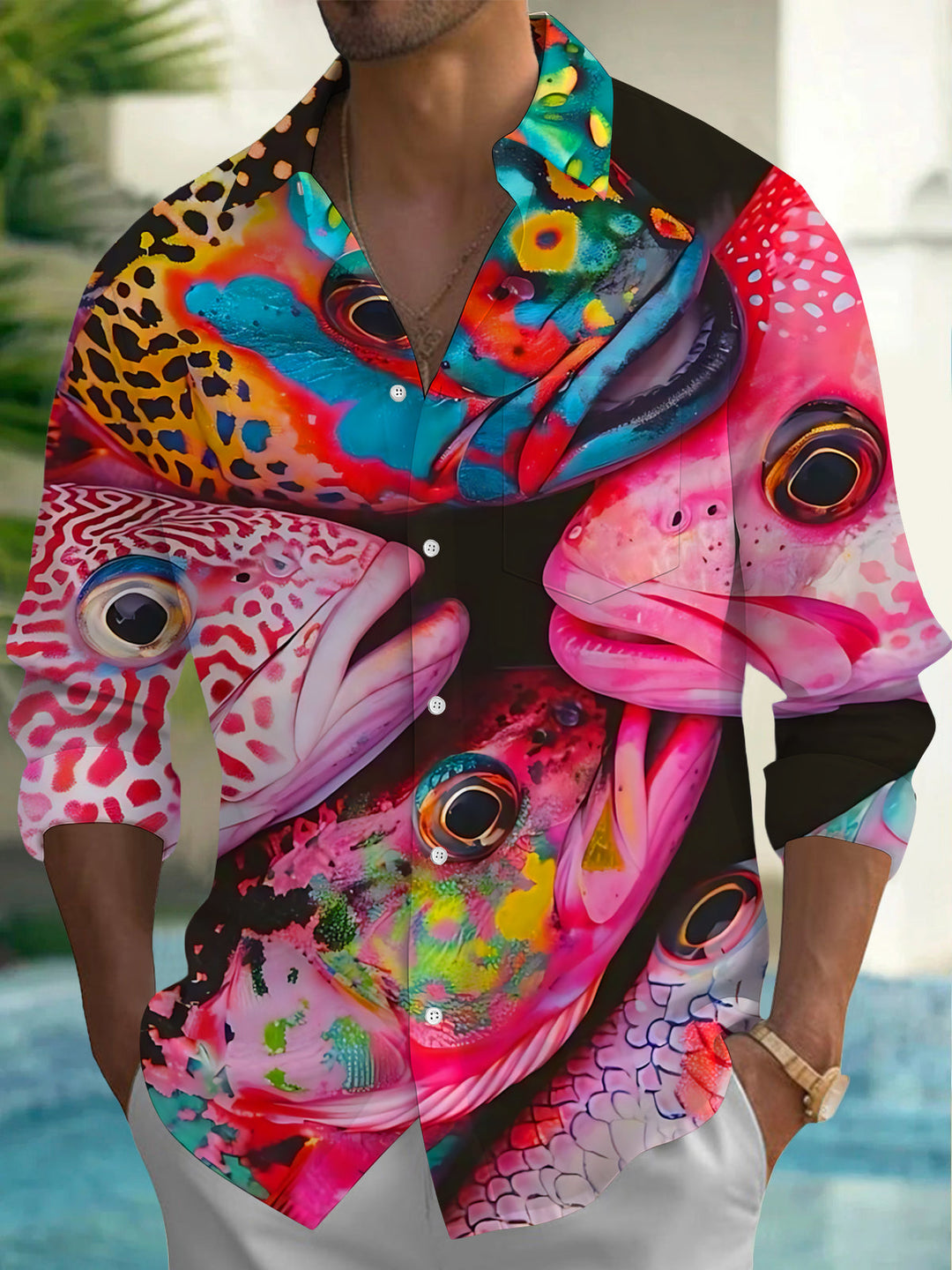 Colorful Marine Fish Print Men's Pocket Long Sleeve Shirts