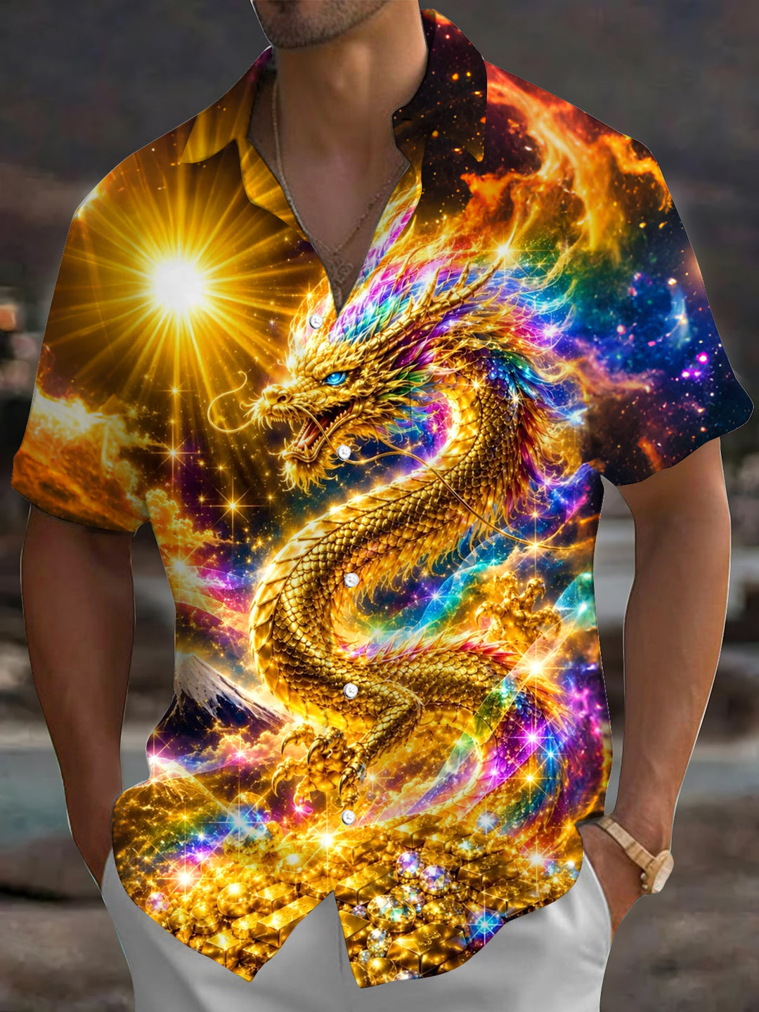Golden Dragon Print Men's Pocket Short Sleeve Shirts