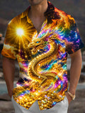 Oceanlyte Men's Hawaiian Golden Dragon Print Short Sleeve Shirt with Chest Pocket