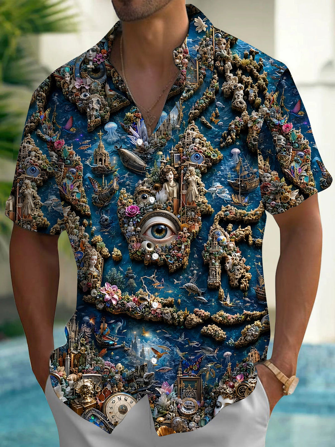 Vintage Sculpture Eye Art Print Men's Pocket Short Sleeve Shirts