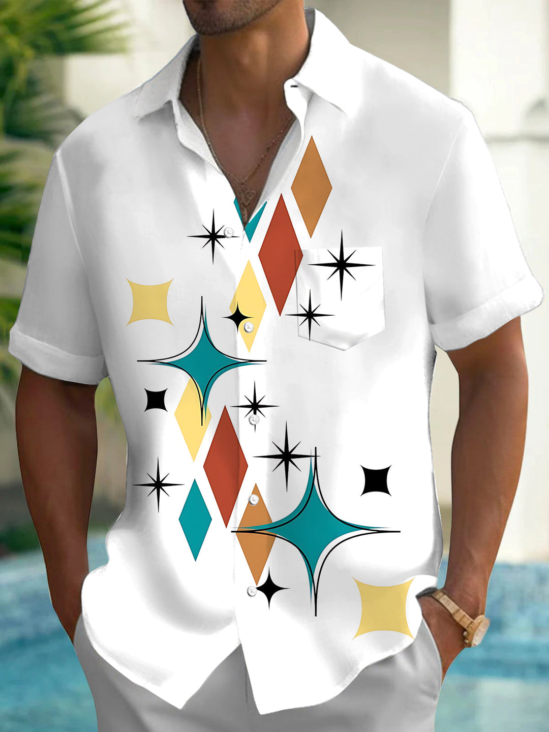 Vintage Geometric Print Men's Pocket Short Sleeve Shirts
