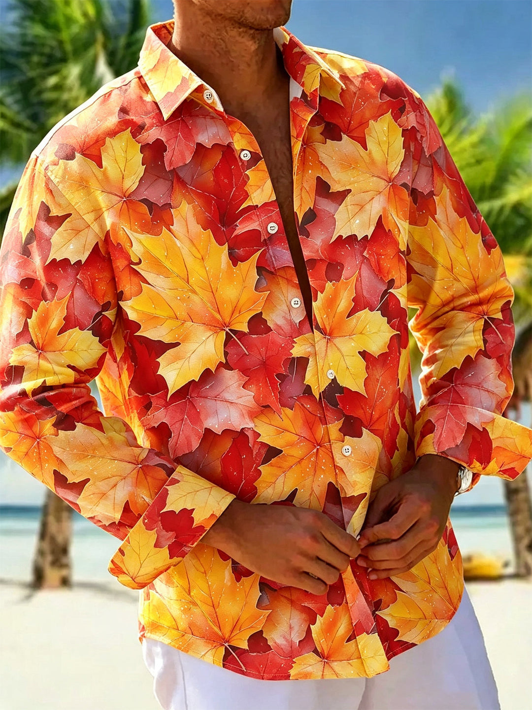 Autumn Plant Maple Leaf Print Men's Pocket Long Sleeve Shirts