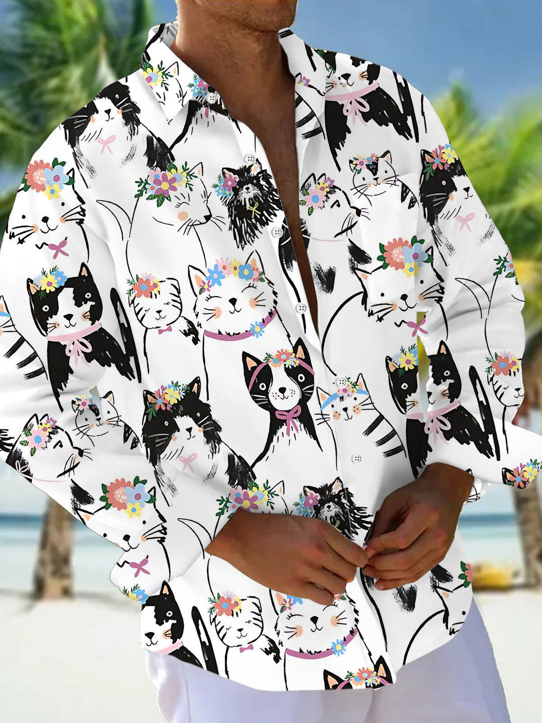 Cartoon Cat Print Men's Pocket Long Sleeve Shirts