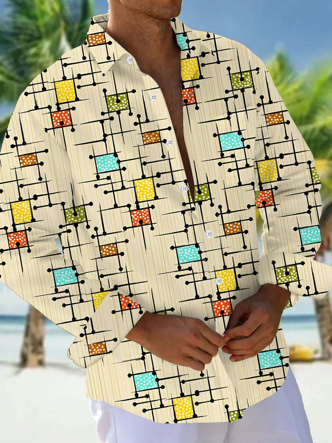 Vintage Geometric Print Men's Pocket Long Sleeve Shirts