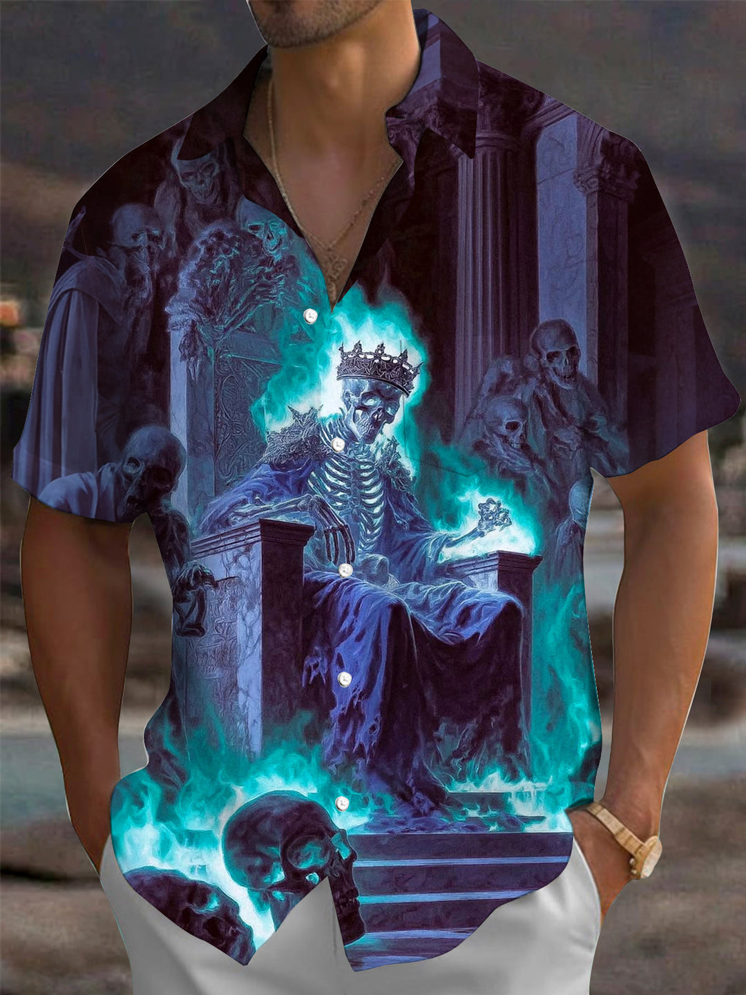 Dark Skull Print Men's Pocket Short Sleeve Shirts