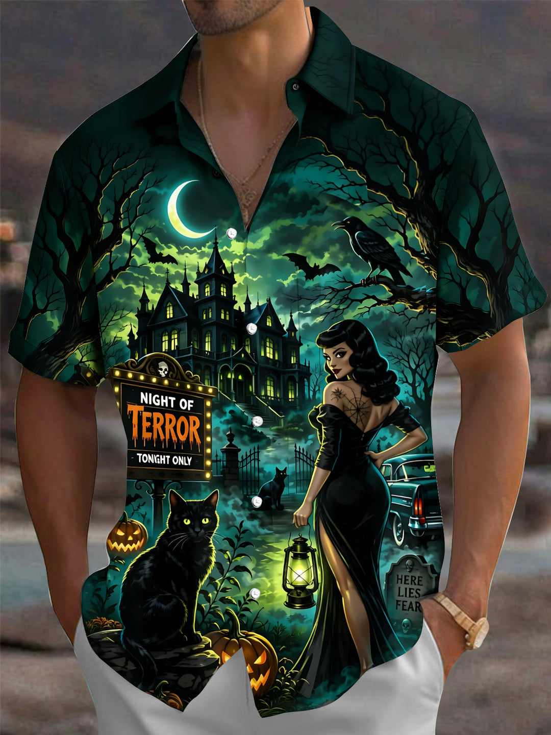 Vintage Dark Halloween Print Men's Pocket Short Sleeve Shirts
