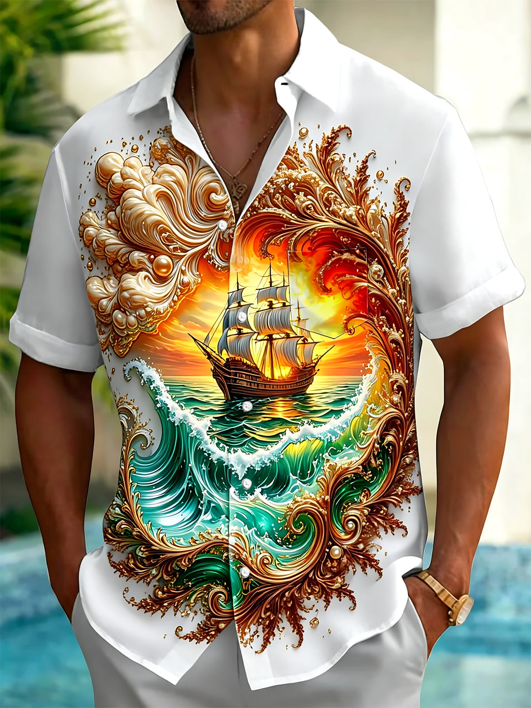 Ocean Sailing Ship Print Men's Pocket Short Sleeve Shirts