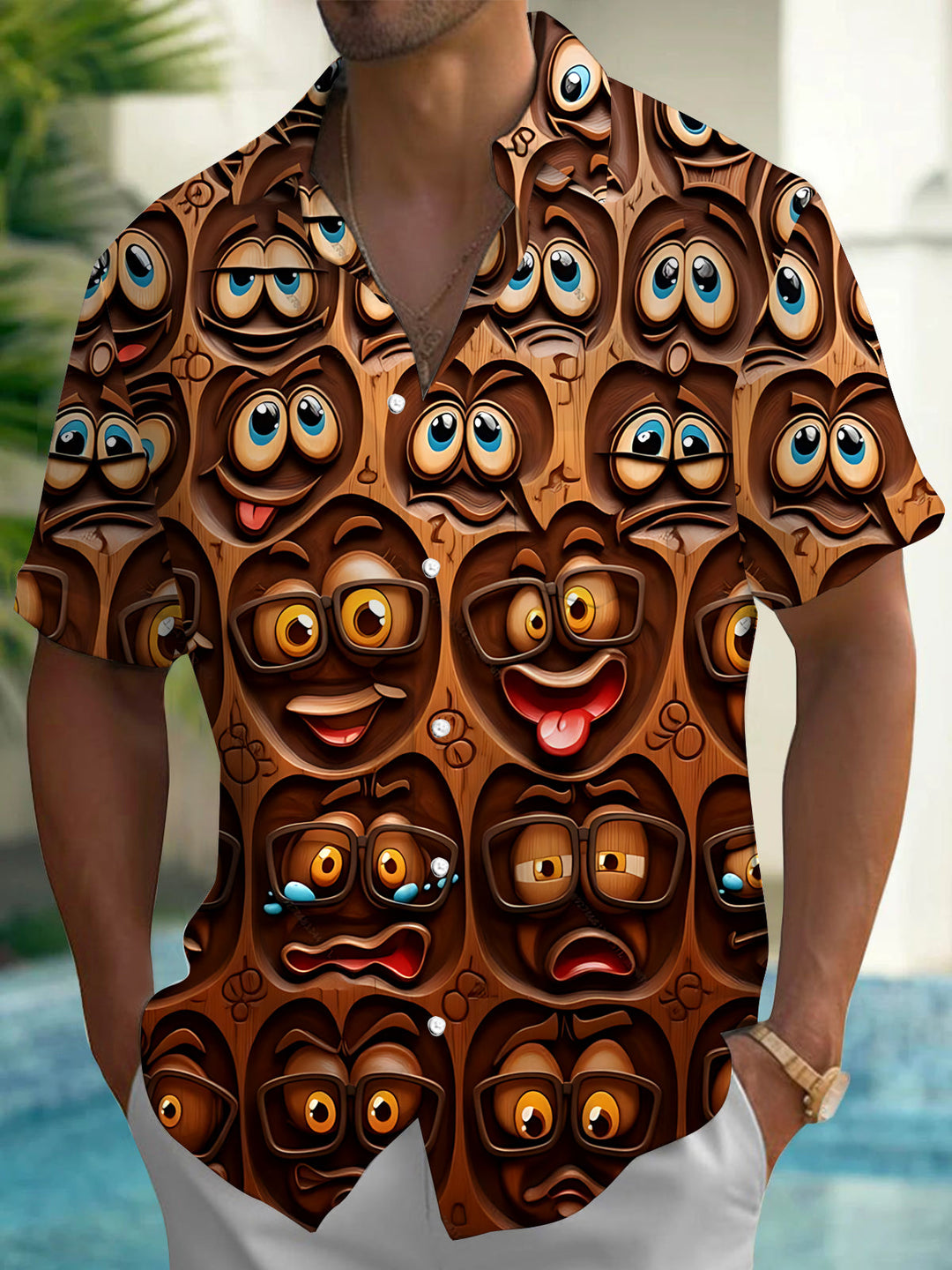 Cartoon Expression Print Men's Pocket Short Sleeve Shirts