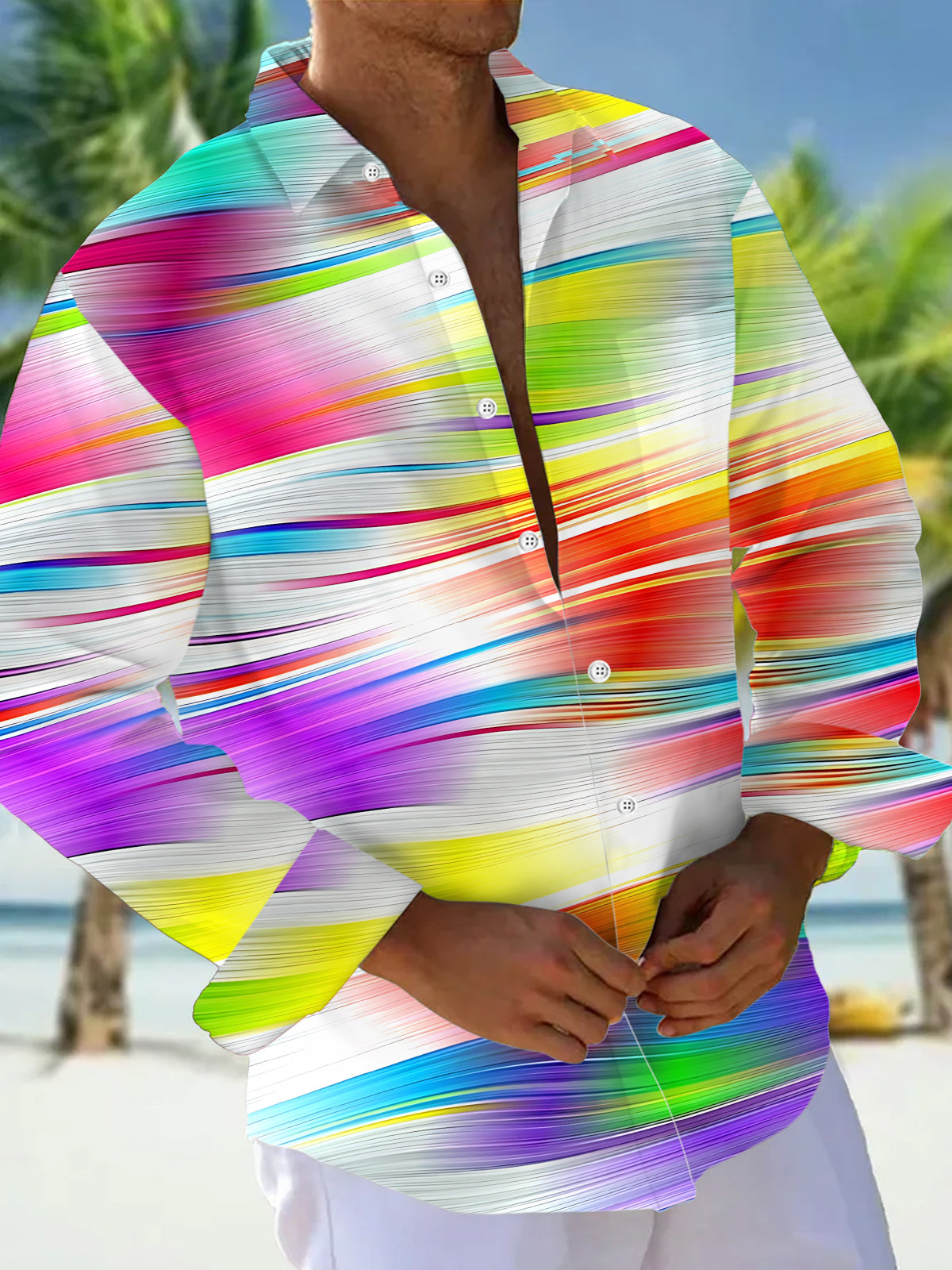 Oceanlyte Men's Colorful Abstract Stripes Print Long Sleeve Shirt with Chest Pocket