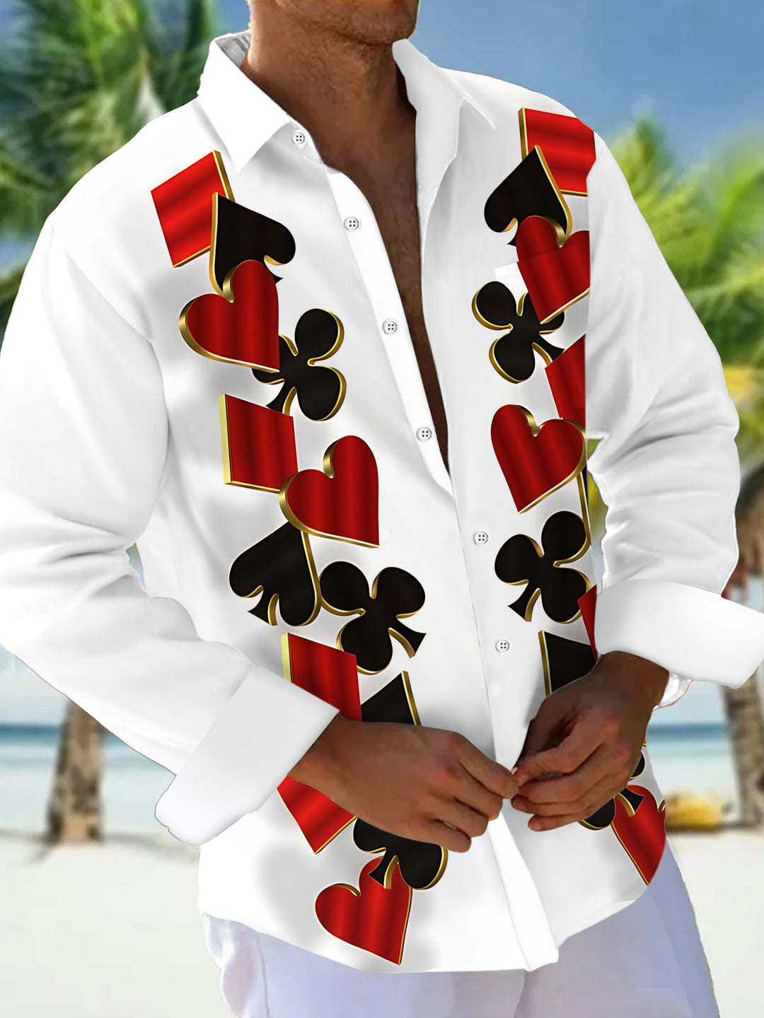Poker Print Men's Pocket Long Sleeve Shirts