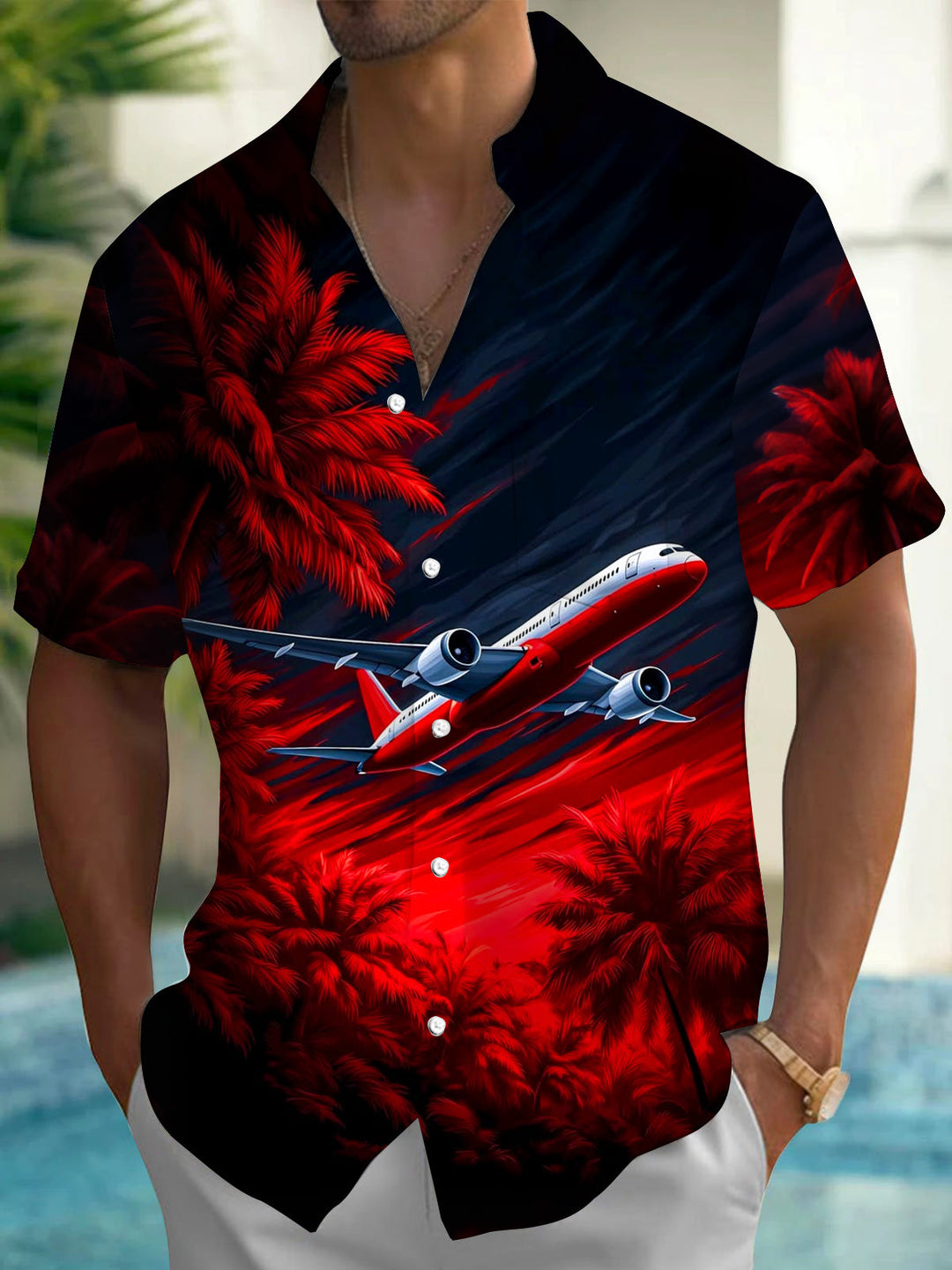 Airplane Palm Tree Print Men's Pocket Short Sleeve Shirts