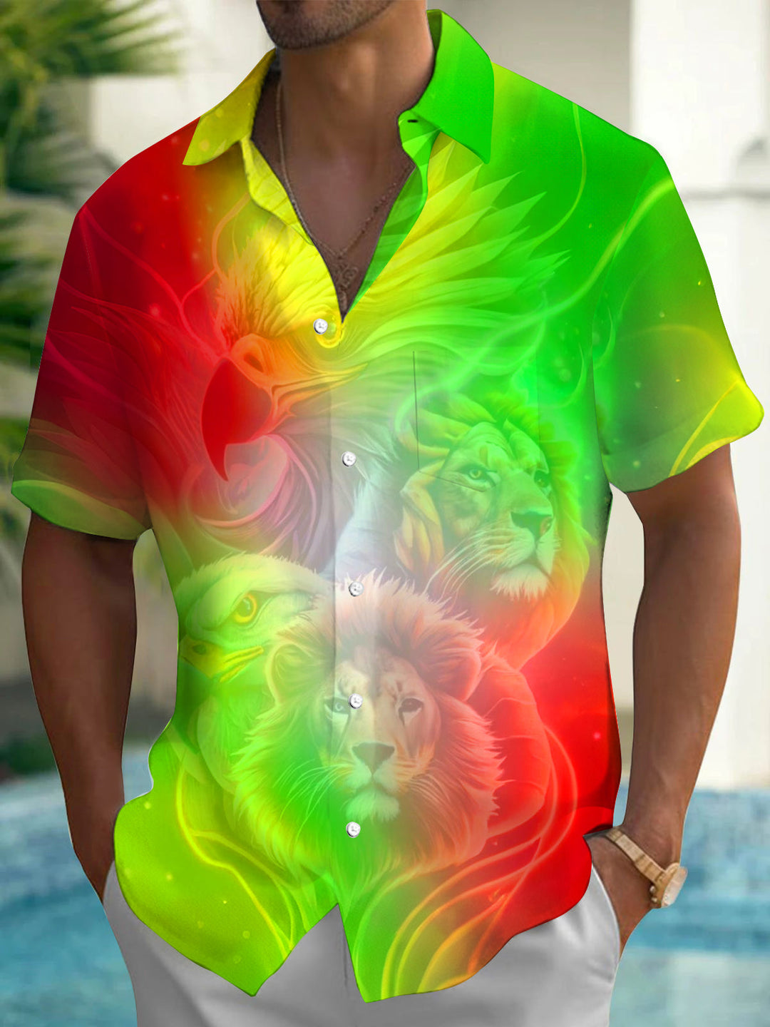 Gradient Neon Lion Eagle Print Men's Pocket Short Sleeve Shirts