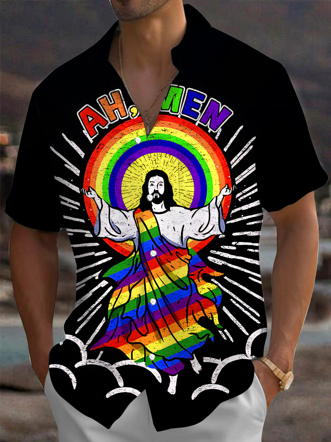 AH, MEN Colorful Jesus Print Men's Pocket Short Sleeve Shirts