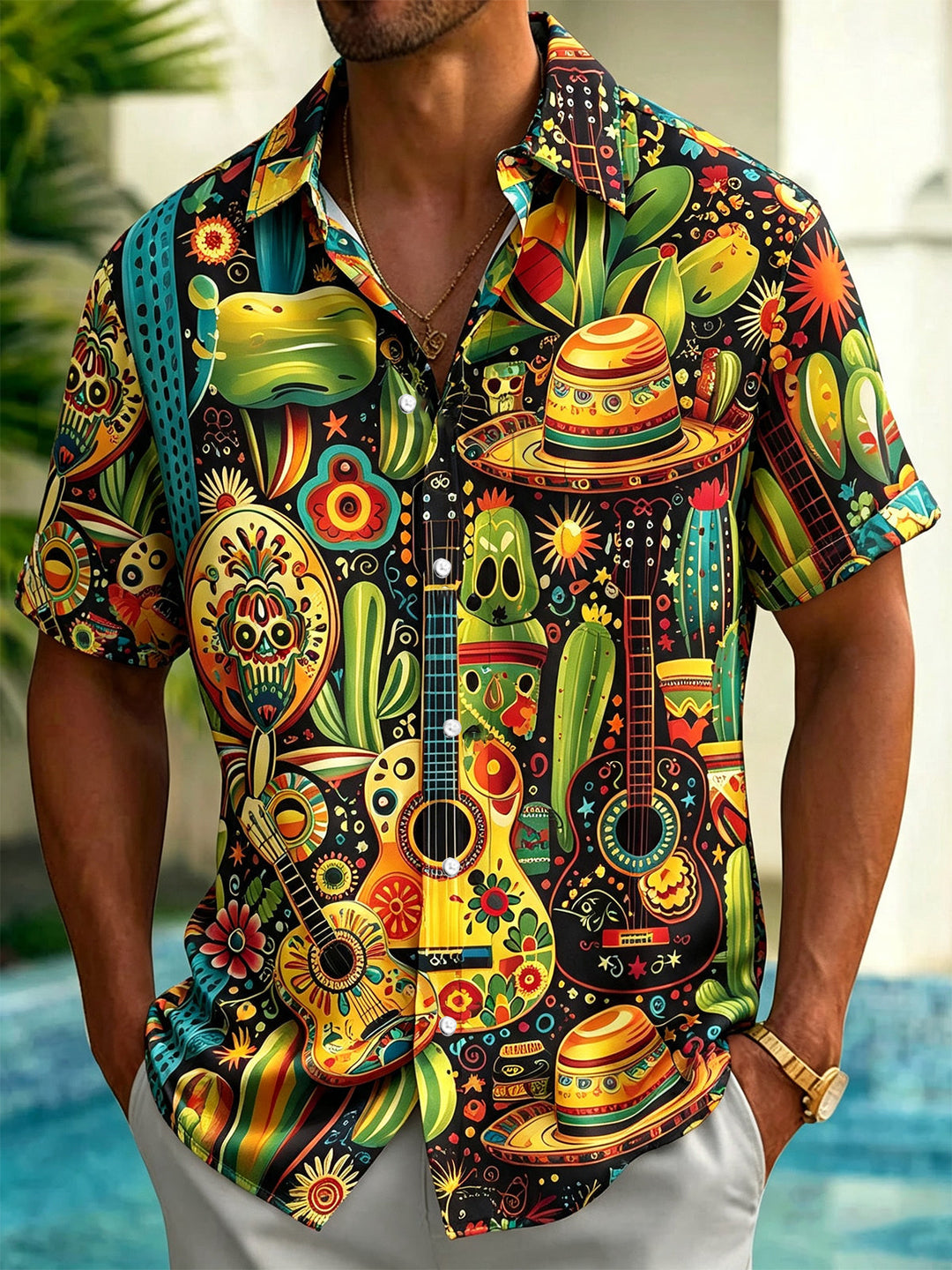 Day of the Dead Skull Guitar Print Men's Pocket Short Sleeve Shirts