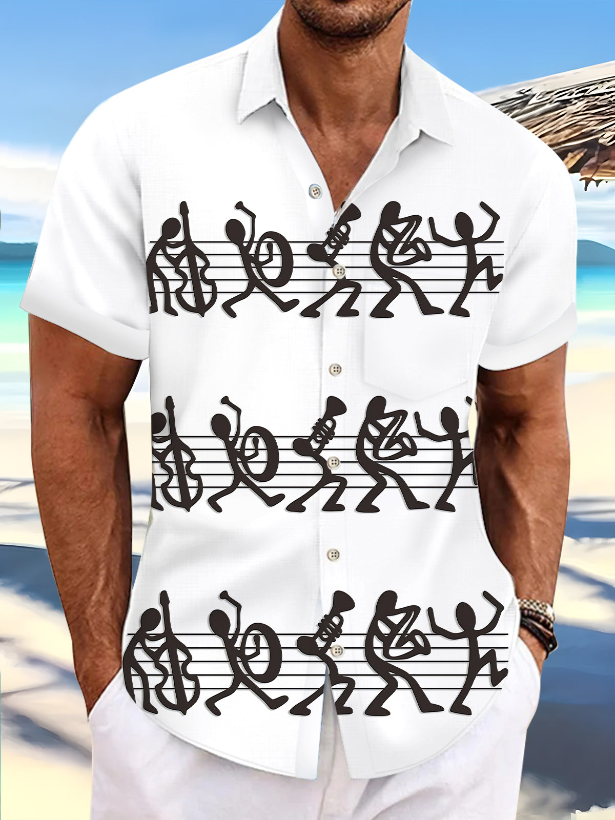 Oceanlyte Men's Graphic Musical Note Staff Print Short Sleeve Shirt with Chest Pocket