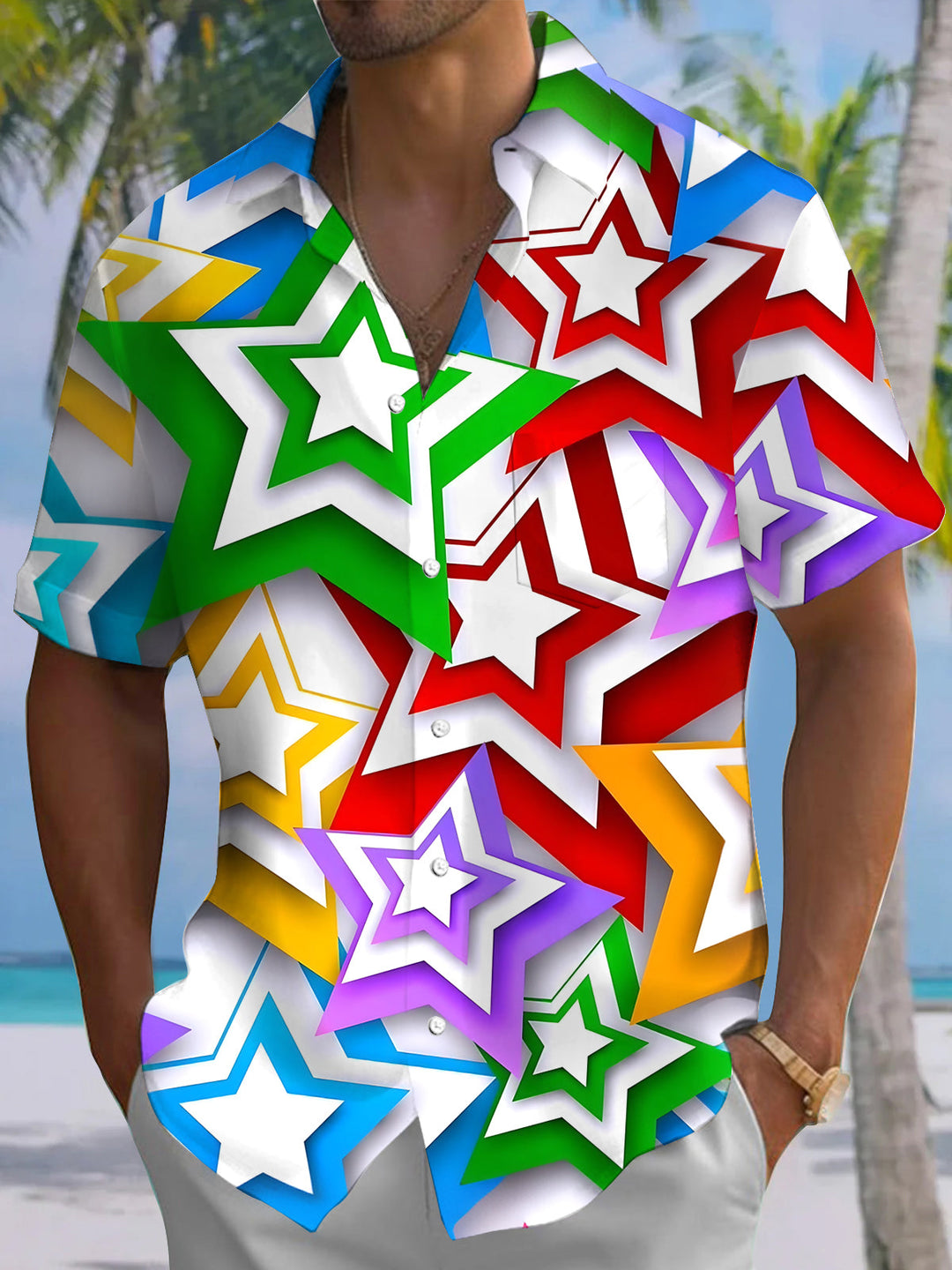 Colorful Geometric Star Print Men's Pocket Short Sleeve Shirts
