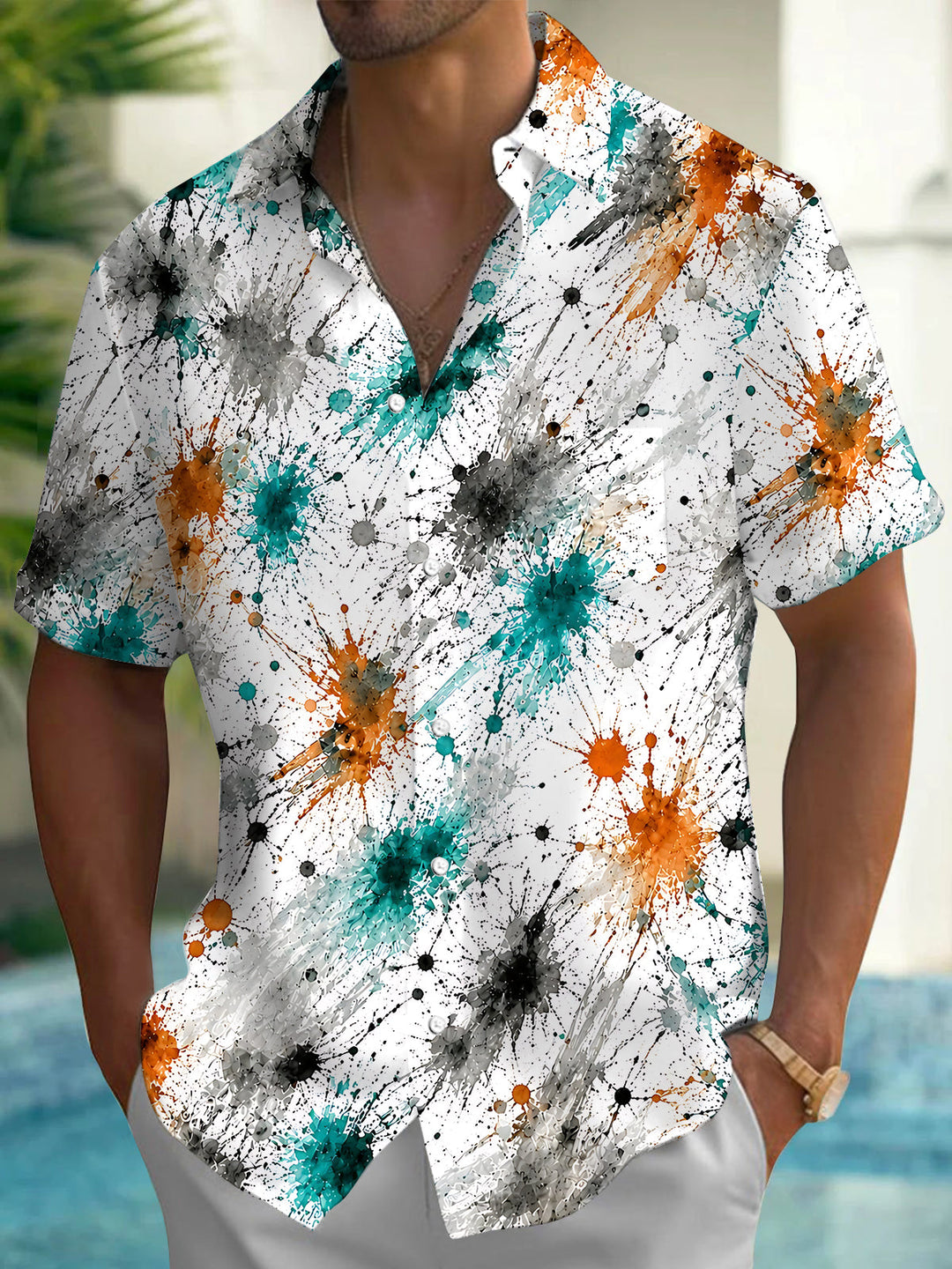 Tie Dye Splashing Ink Print Men's Pocket Short Sleeve Shirts