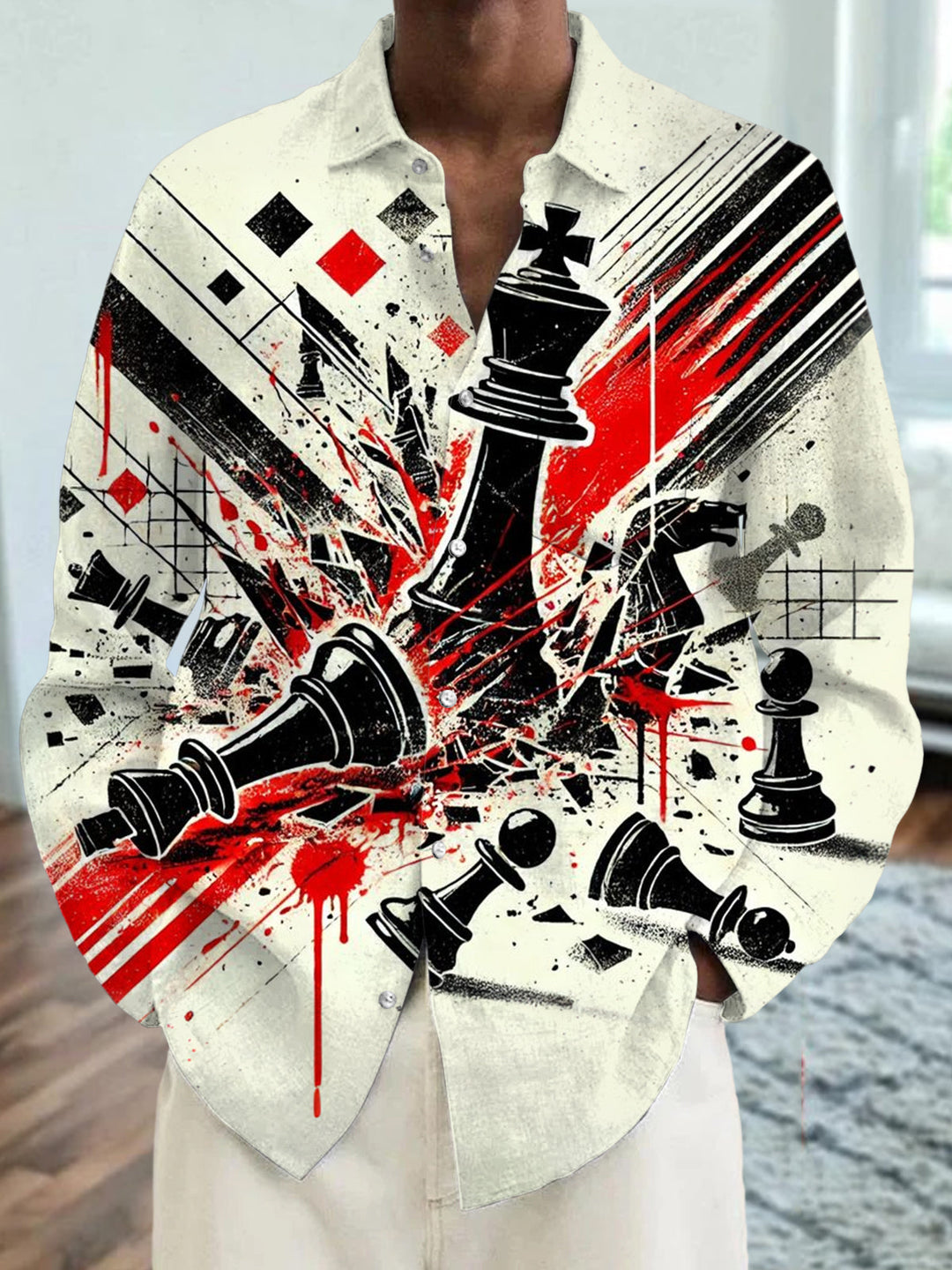 Vintage Chess Geometric Print Men's Pocket Long Sleeve Shirts