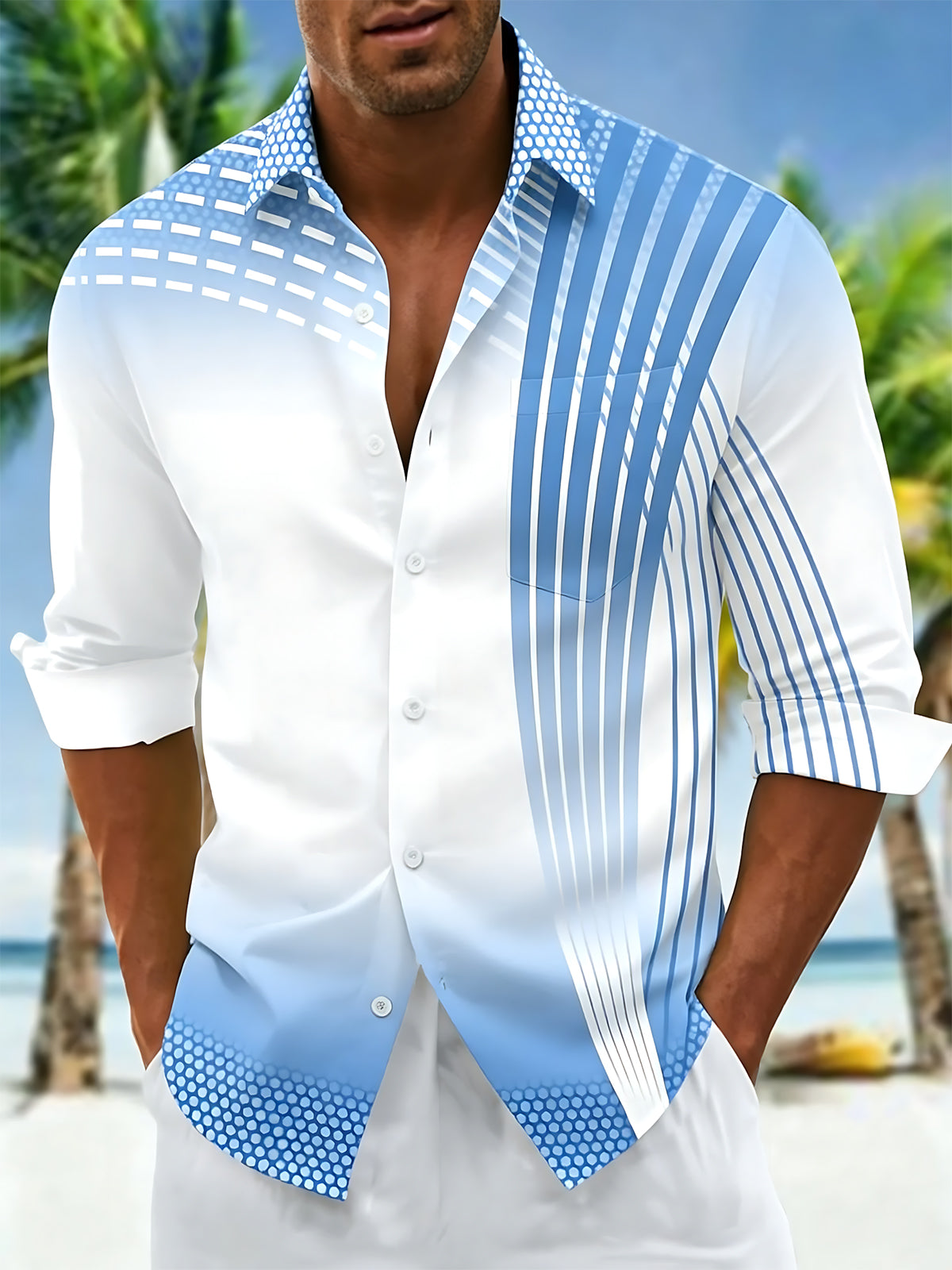 Oceanlyte Men's Geometric Gradient Lines Print Long Sleeve Shirt with Chest Pocket