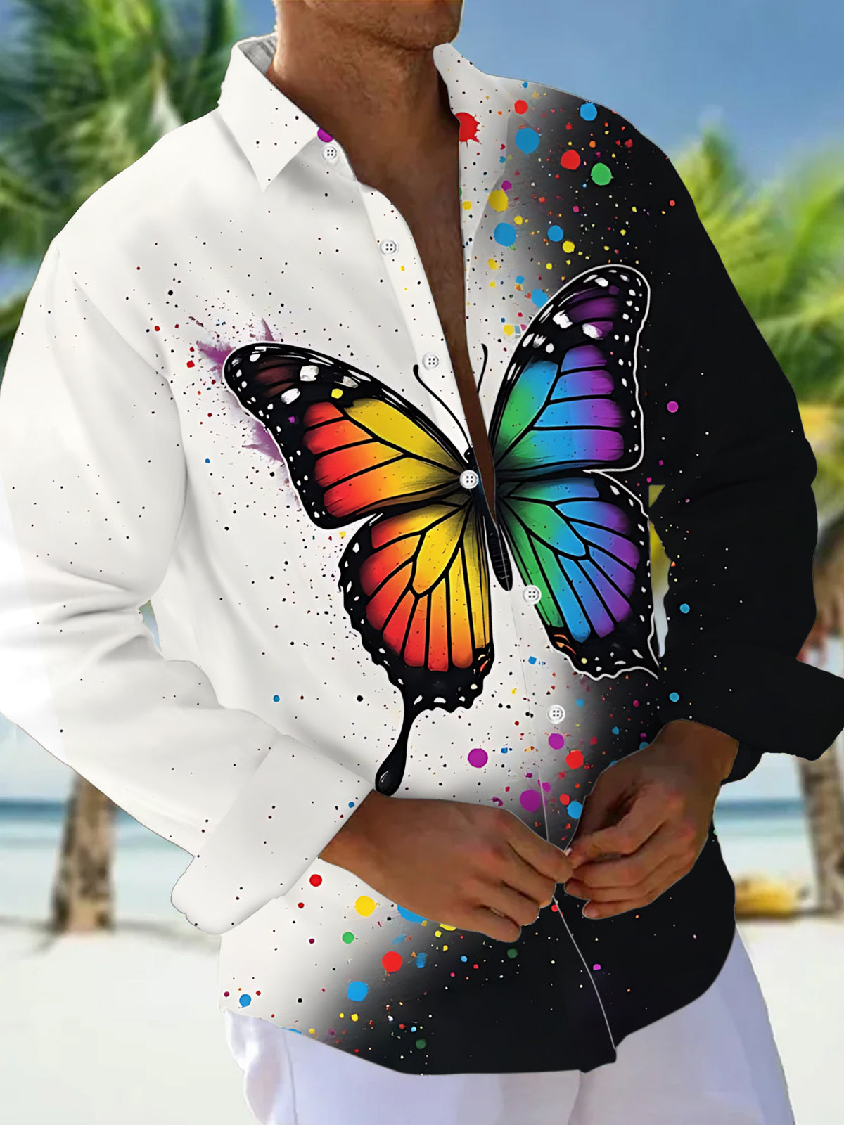 Oceanlyte Men's Graphic Rainbow Butterfly Print Long Sleeve Shirt with Chest Pocket