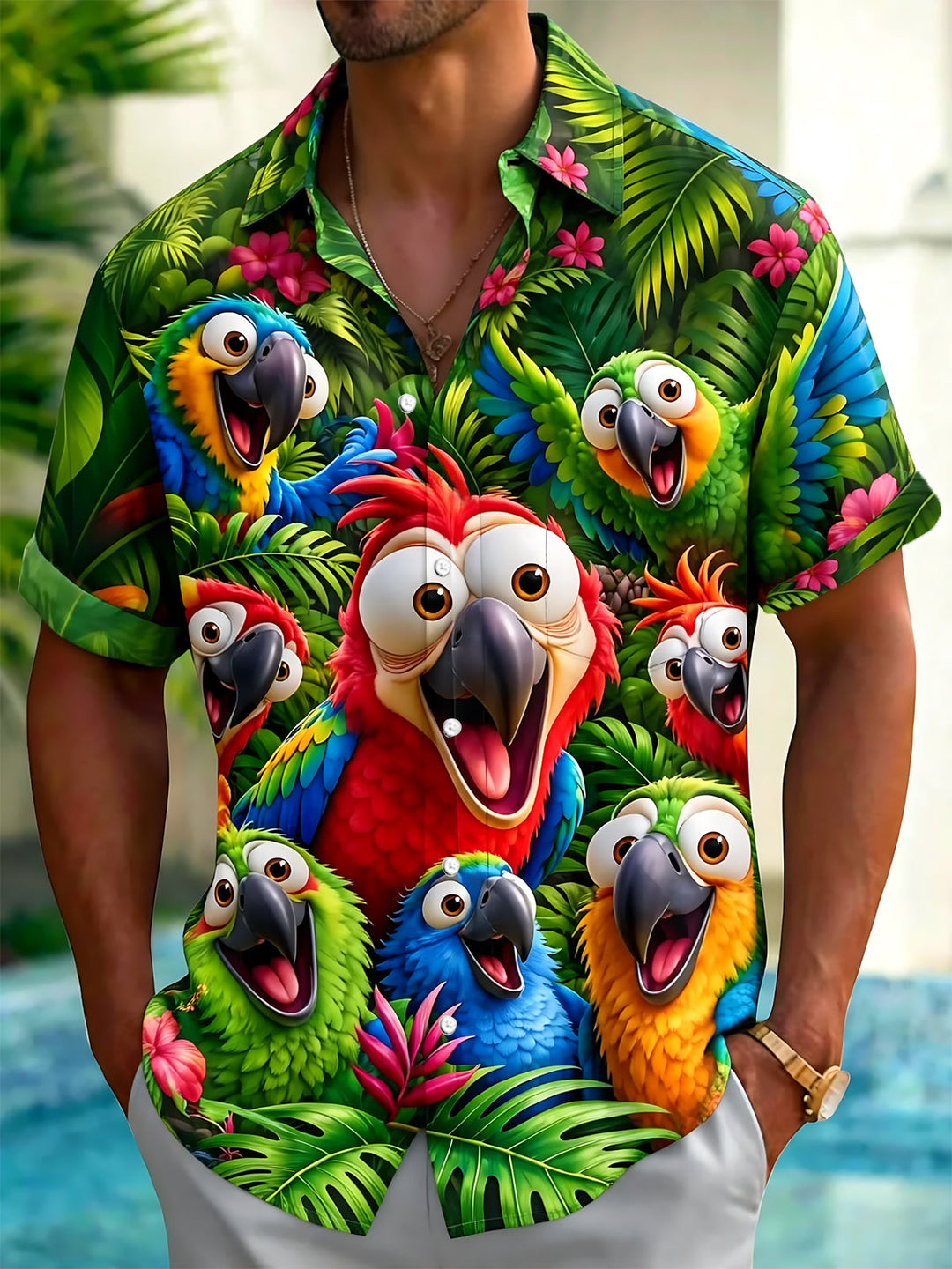 Oceanlyte Men's Hawaiian Tropical Leaves Print Short Sleeve Shirt with Chest Pocket