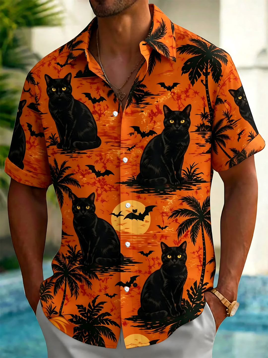 Oceanlyte Men's Hawaiian Black Cat Print Short Sleeve Shirt with Chest Pocket