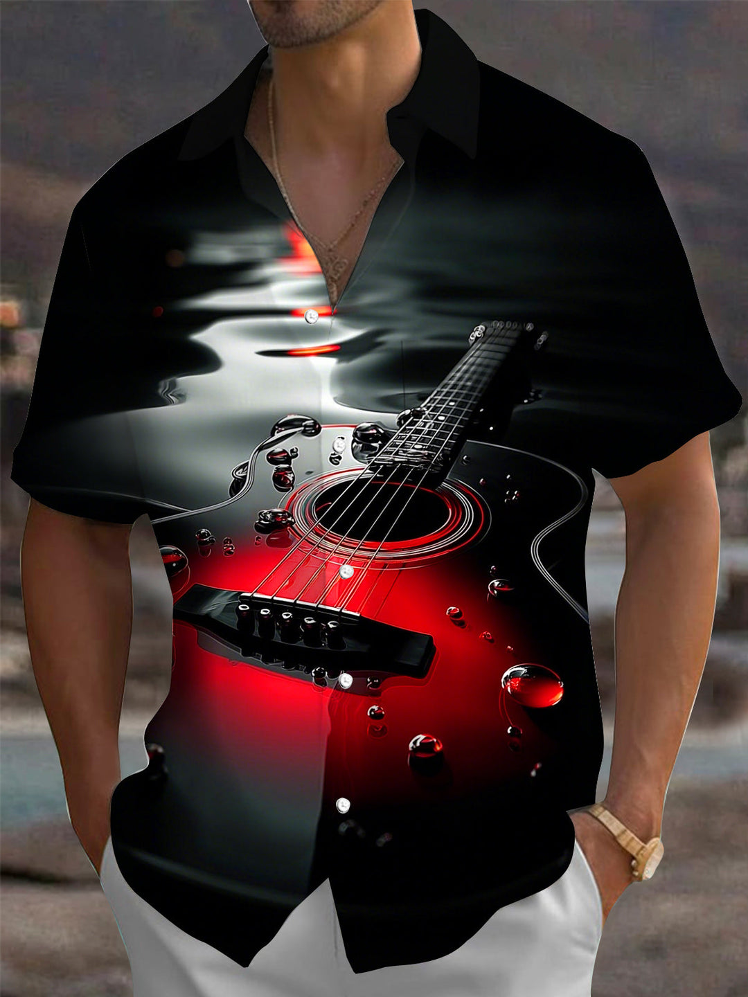 Oceanlyte Men's Graphic Guitar Print Short Sleeve Shirt with Chest Pocket