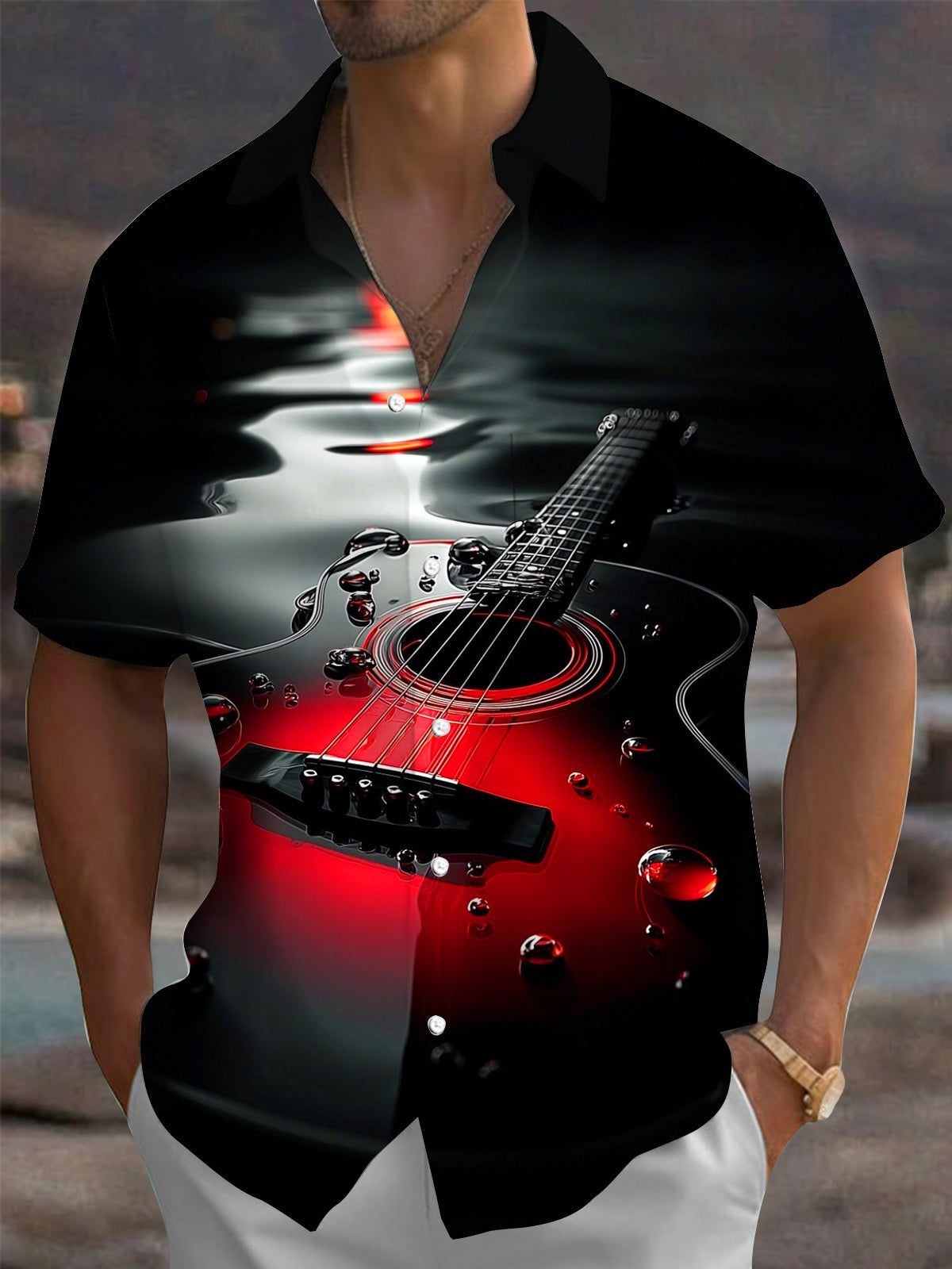 Oceanlyte Men's Graphic Guitar Print Short Sleeve Shirt with Chest Pocket