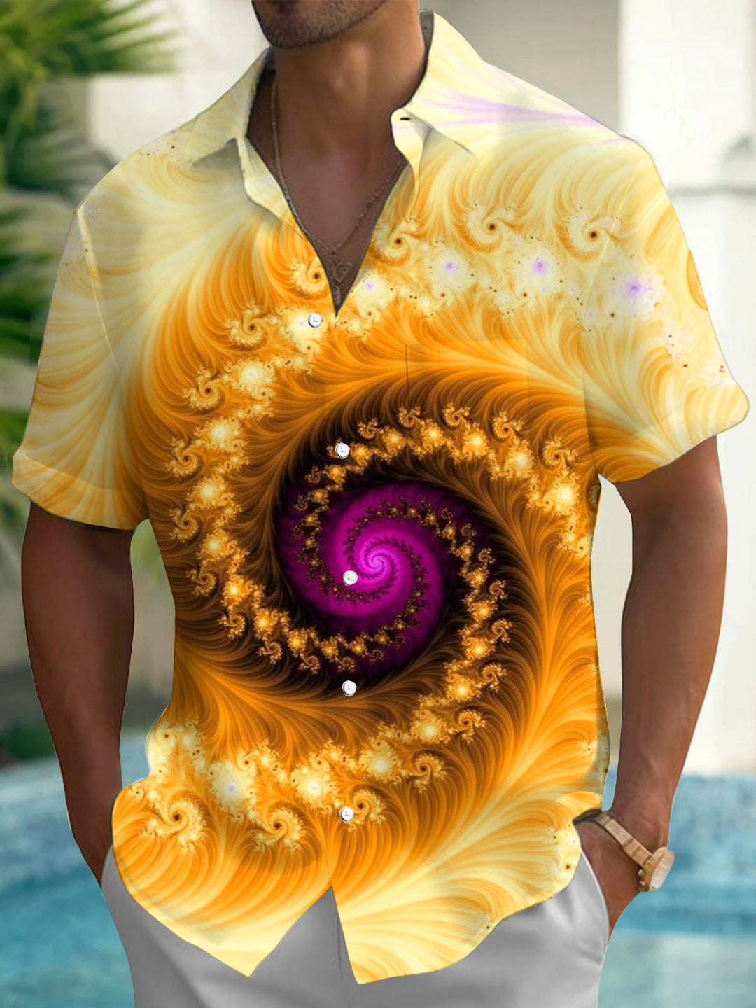 Oceanlyte Men's Printed Fractal Spiral Design Print Short Sleeve Shirt with Chest Pocket