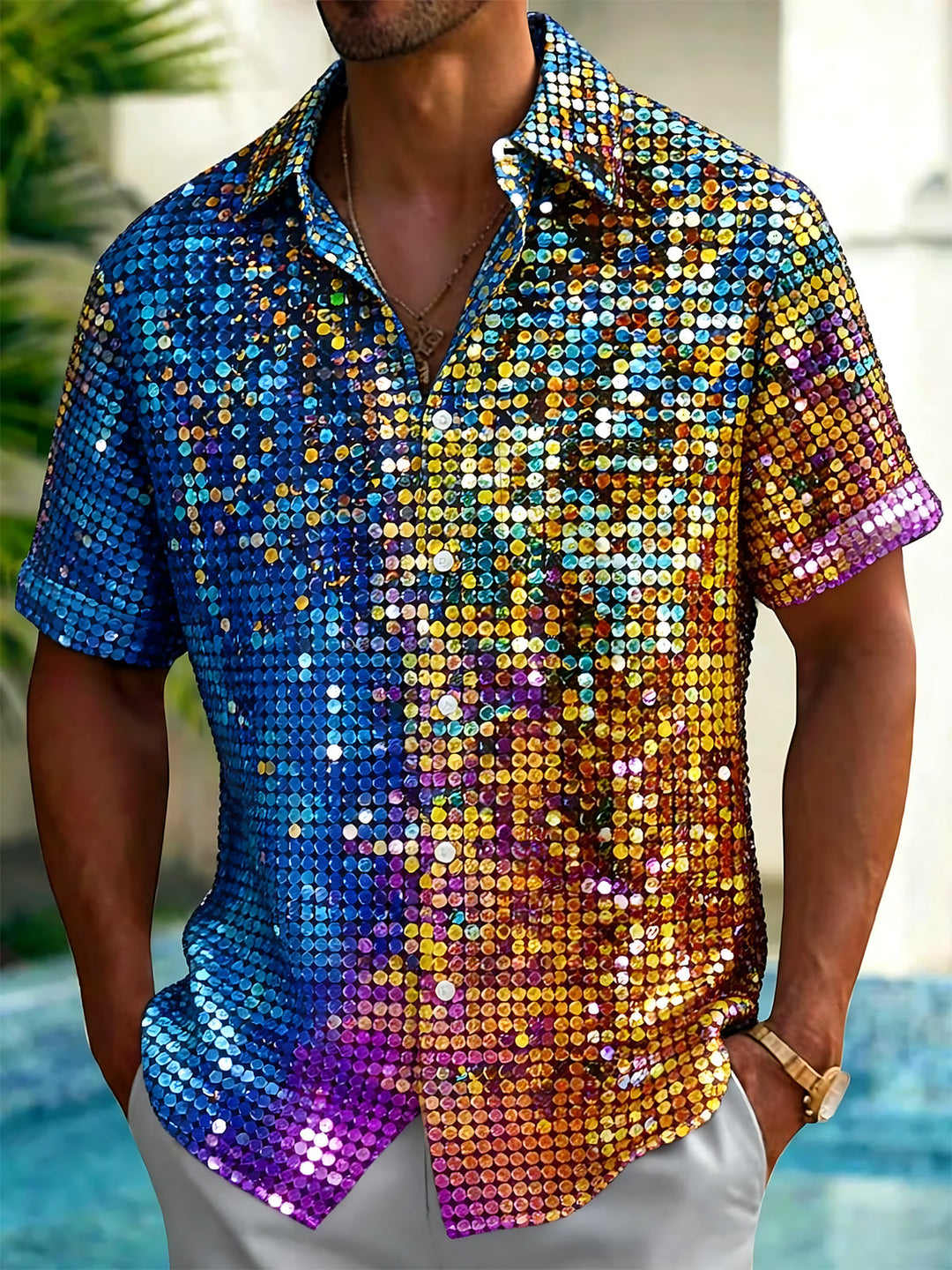 Oceanlyte Men's Colorful Sequin Gradient Print Short Sleeve Shirt with Chest Pocket