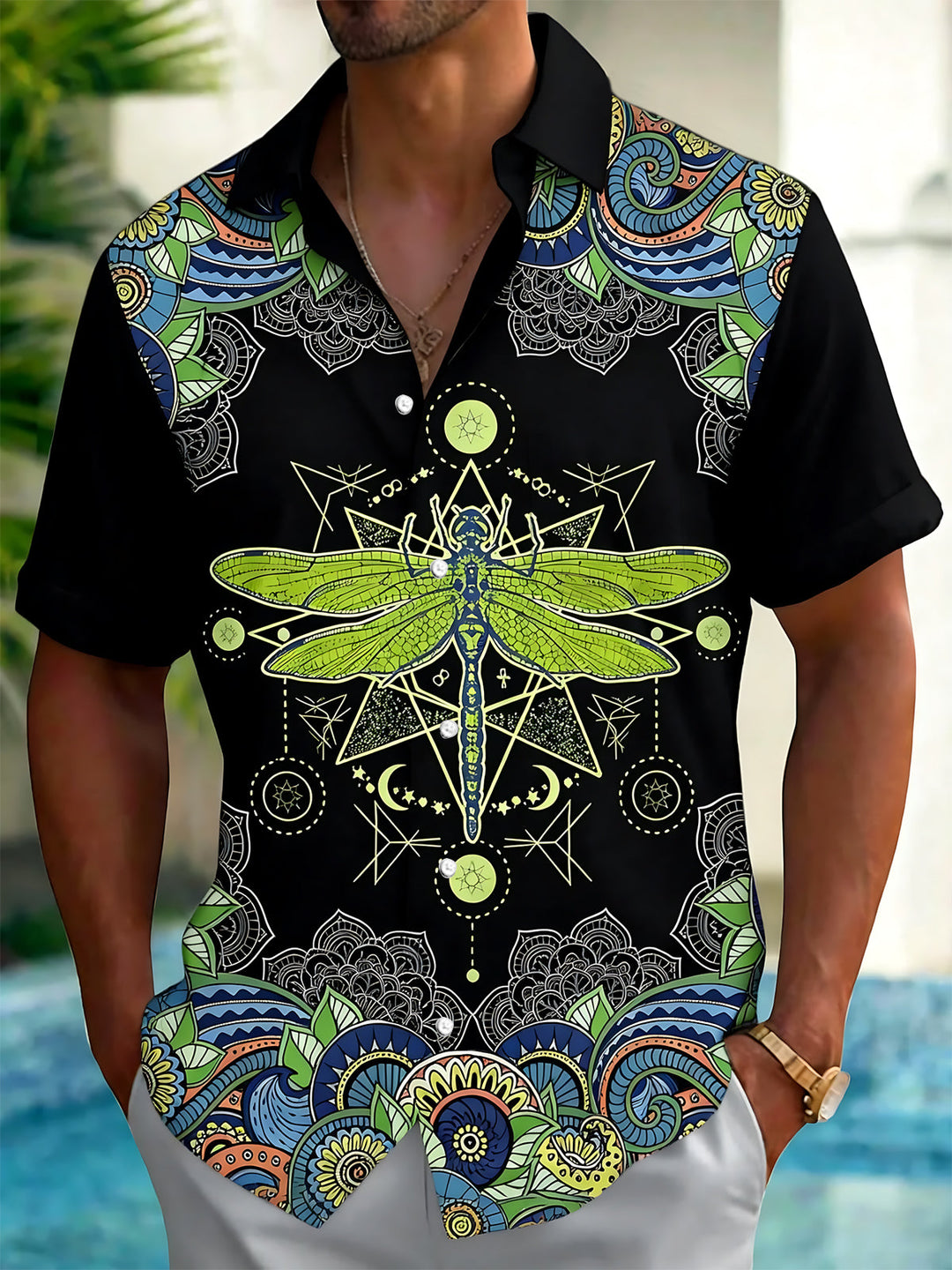 Oceanlyte Men's Vintage Style Dragonfly Print Short Sleeve Shirt with Chest Pocket