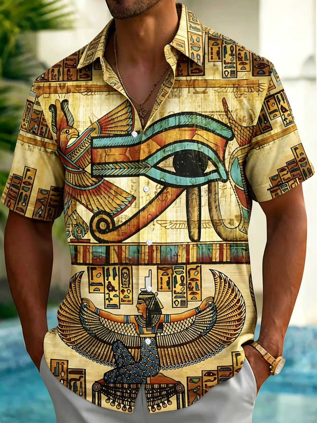 Oceanlyte Men's Ancient Egyptian Hieroglyphs Print Short Sleeve Shirt with Chest Pocket