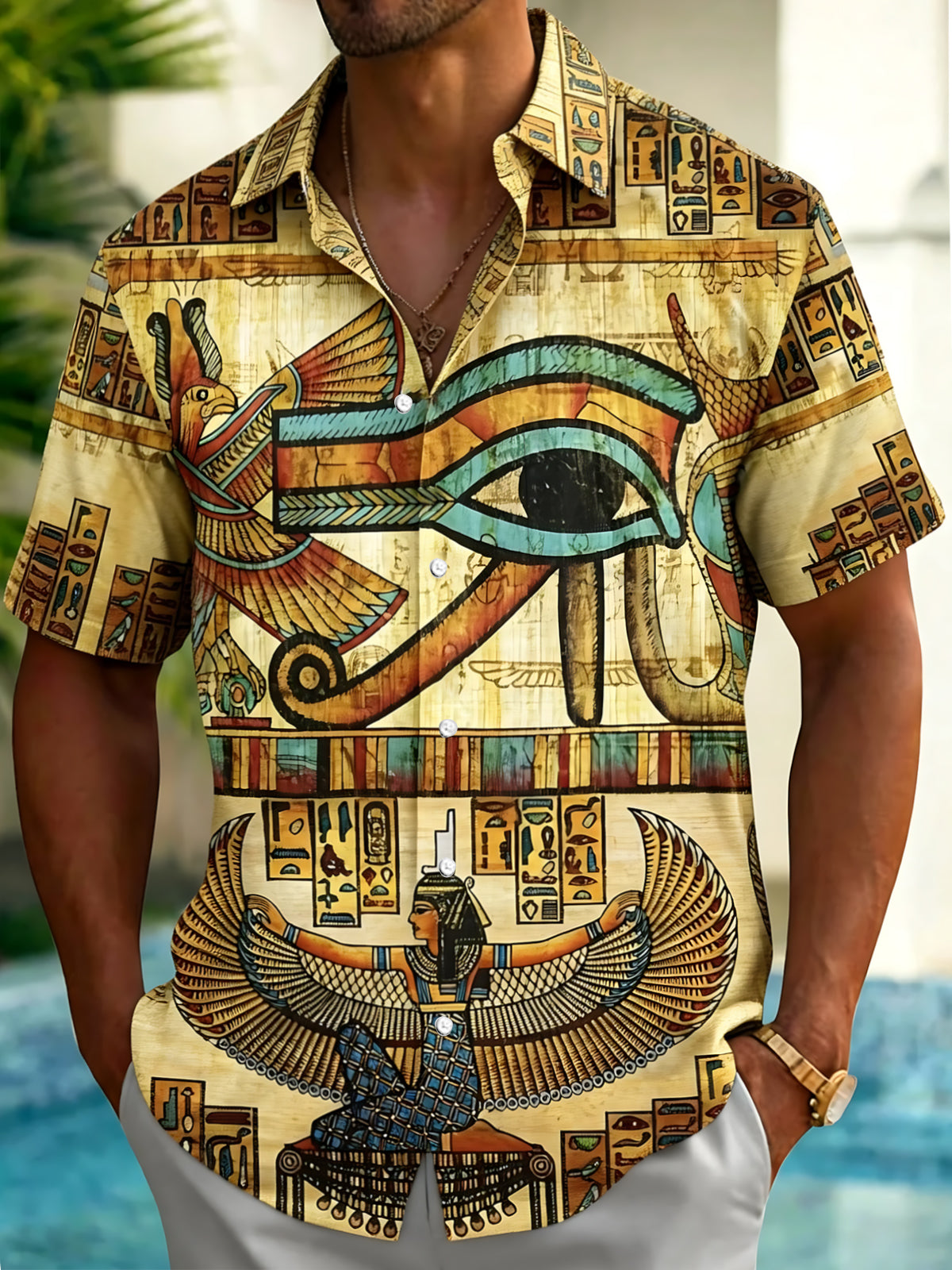 Oceanlyte Men's Ancient Egyptian Hieroglyphs Print Short Sleeve Shirt with Chest Pocket