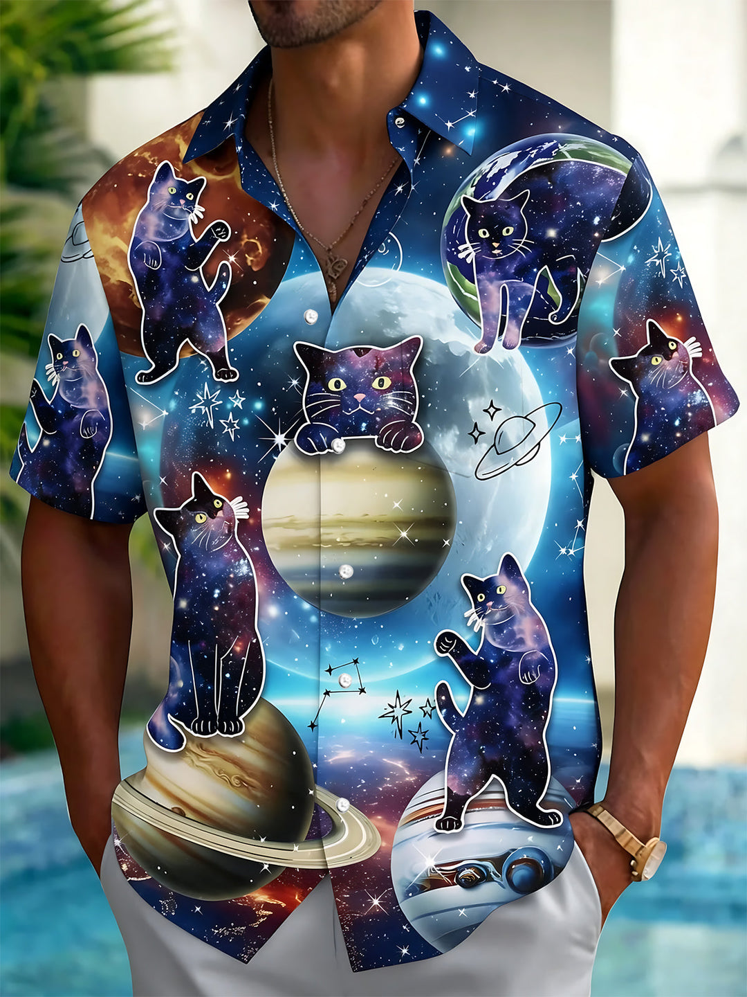 Oceanlyte Men's Hawaiian Space Cats Print Short Sleeve Shirt with Chest Pocket
