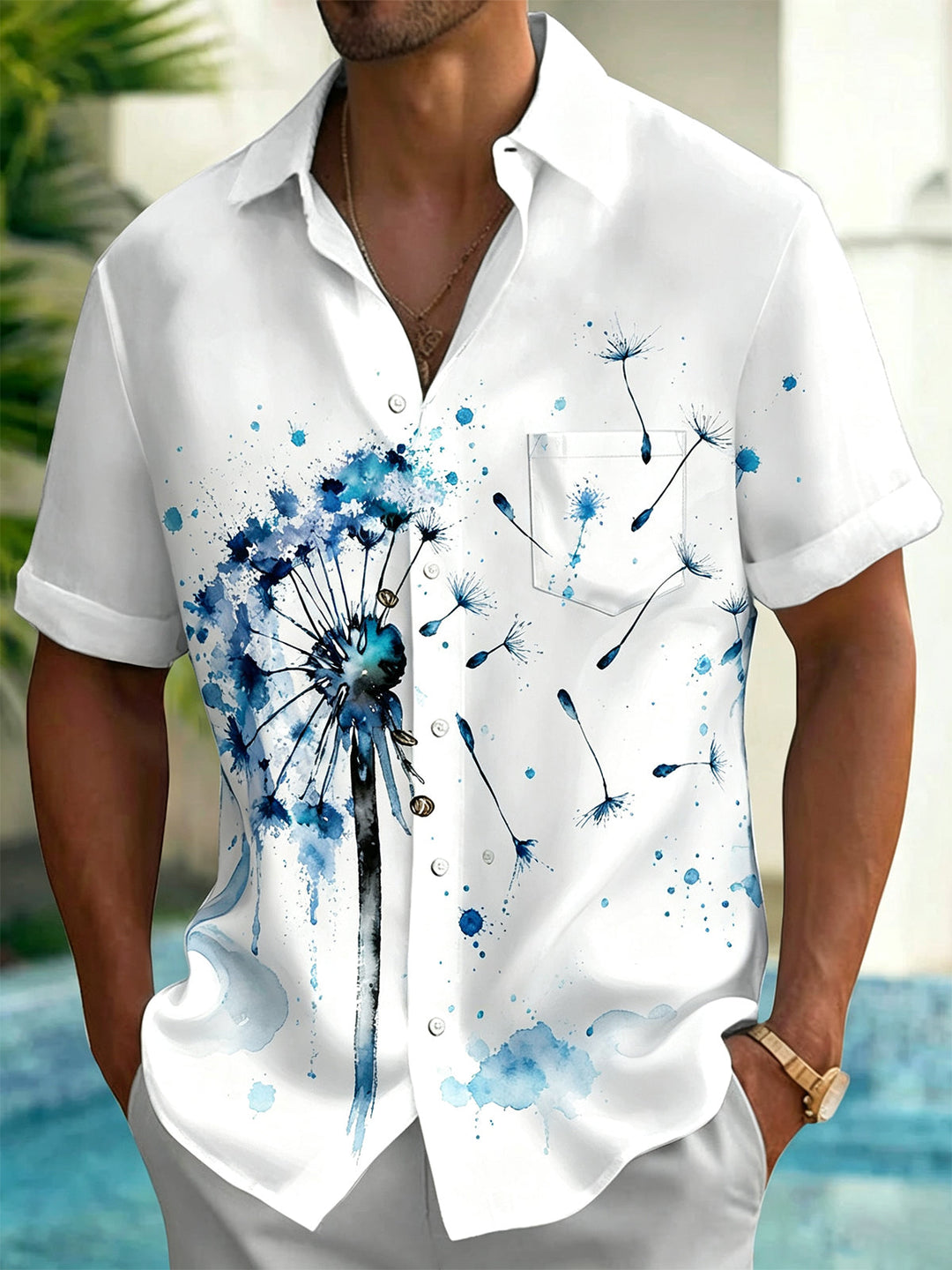 Oceanlyte Men's Blue Dandelion Watercolor Print Short Sleeve Shirt with Chest Pocket