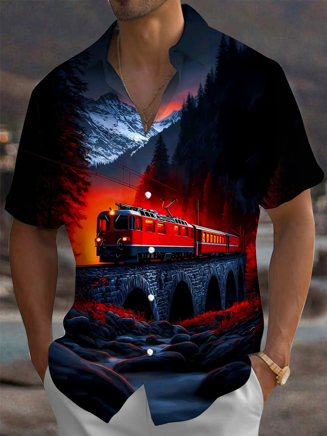 Oceanlyte Men's Train On Stone Bridge Print Short Sleeve Shirt with Chest Pocket