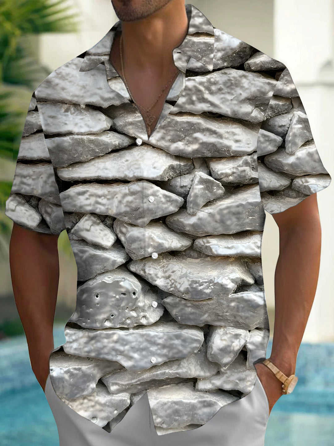 Oceanlyte Men's Printed Stone Wall Texture Print Short Sleeve Shirt with Chest Pocket