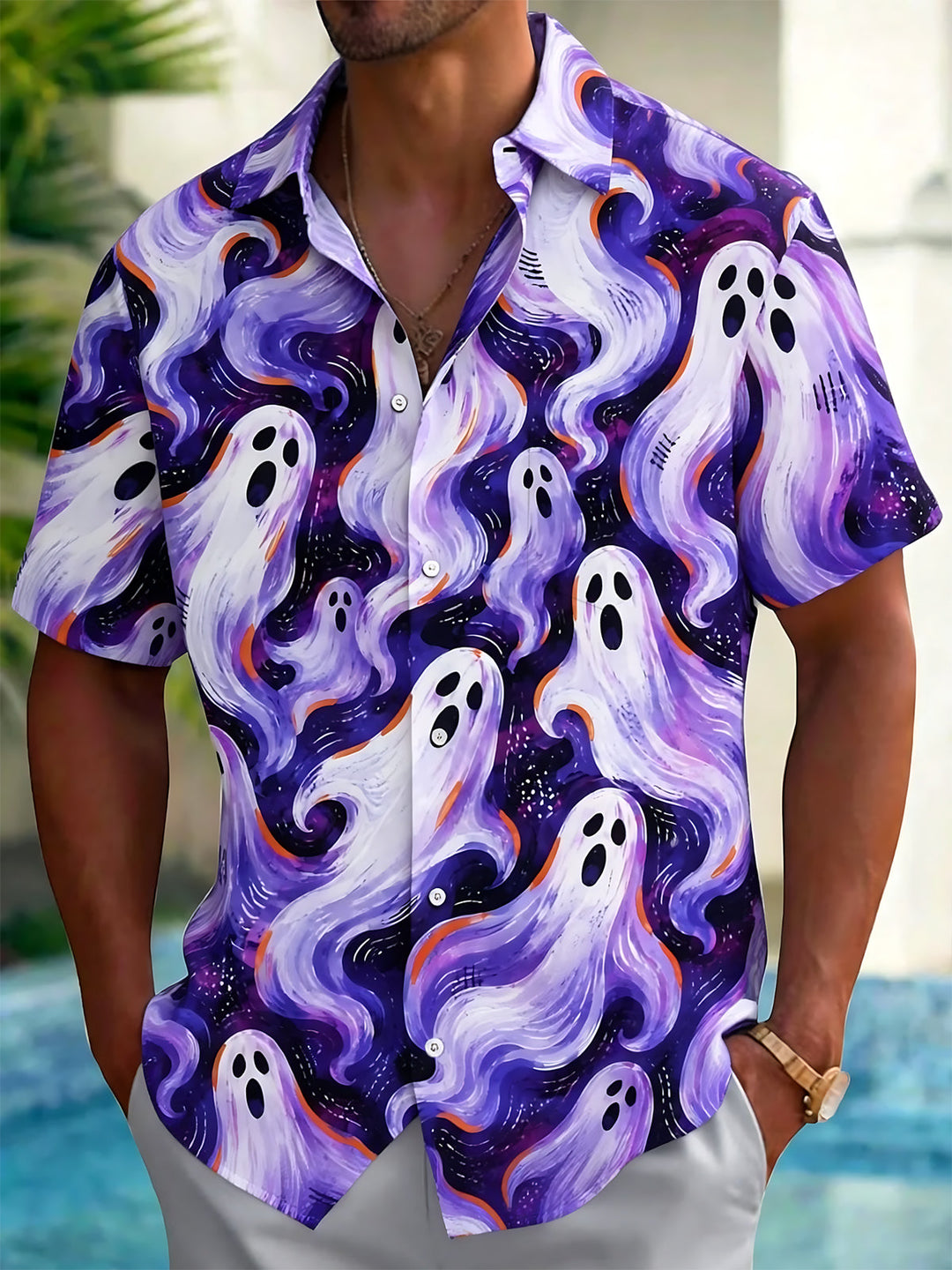 Oceanlyte Men's Graphic Ghost Print Short Sleeve Shirt with Chest Pocket