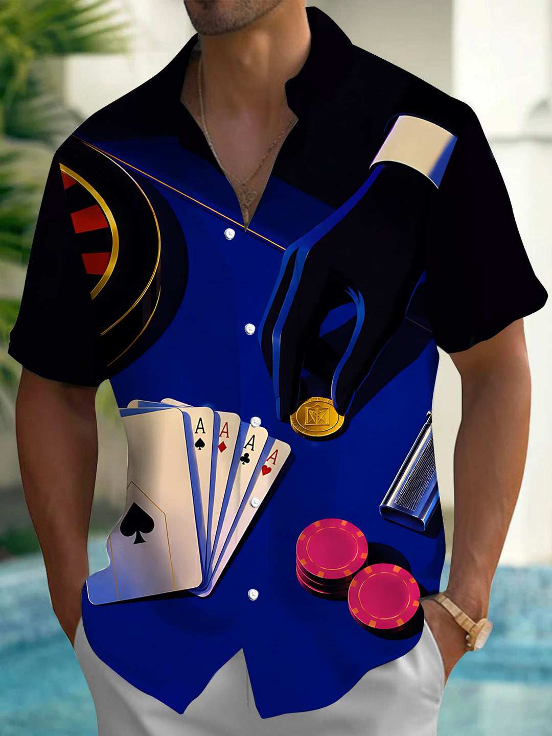 Oceanlyte Men's Graphic Casino Poker Cards Print Short Sleeve Shirt with Chest Pocket