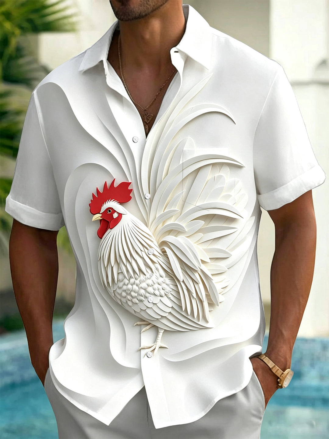 Oceanlyte Men's 3D 3D Rooster Relief Print Short Sleeve Shirt with Chest Pocket