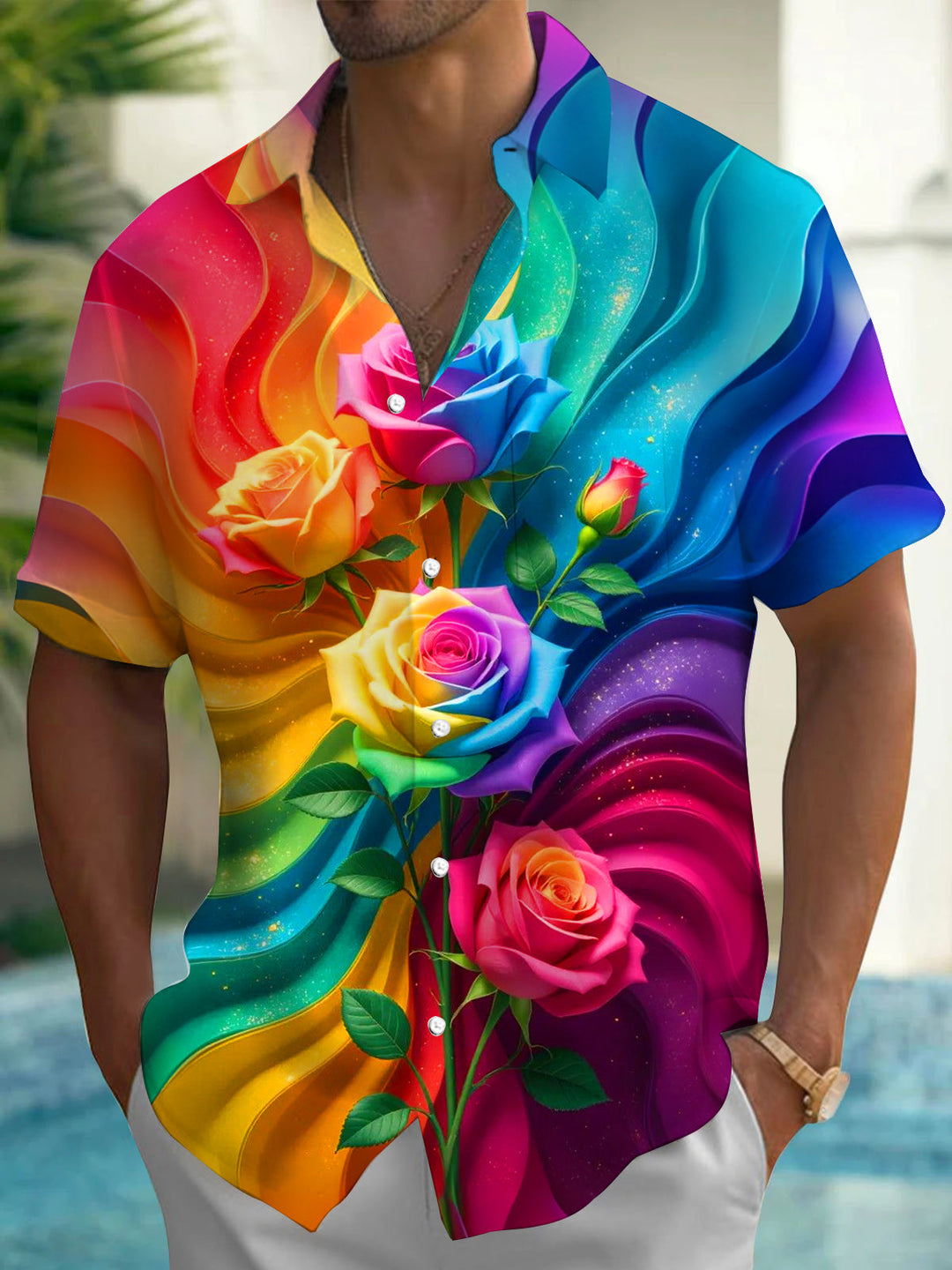 Oceanlyte Men's Hawaiian Rainbow Rose Print Short Sleeve Shirt with Chest Pocket