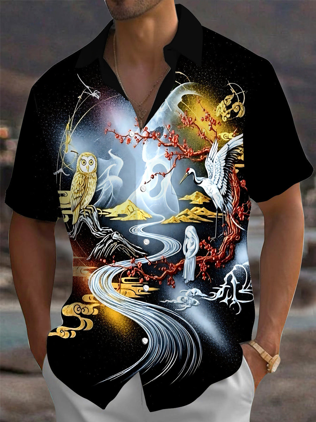 Oceanlyte Men's Printed Owl And Crane Print Short Sleeve Shirt with Chest Pocket