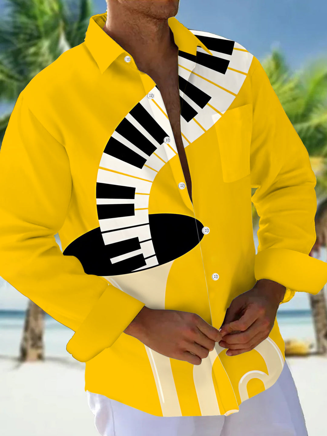 Oceanlyte Men's Graphic Piano Keyboard Print Long Sleeve Shirt with Chest Pocket