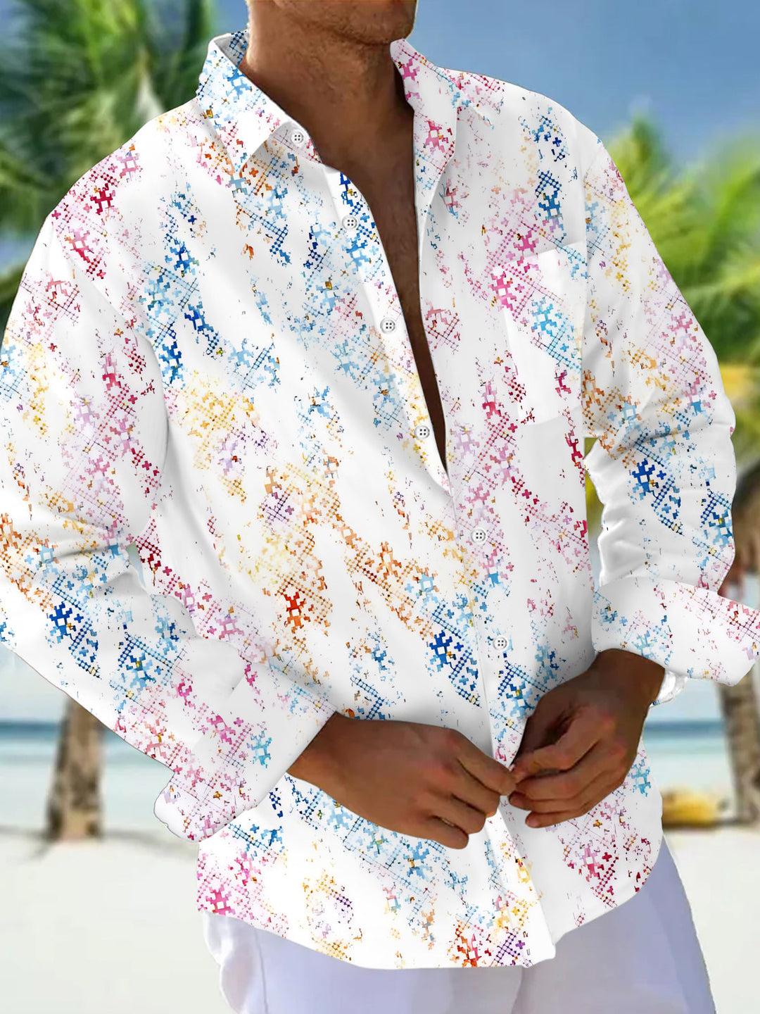 Oceanlyte Men's Pixelated Geometric Gradient Print Long Sleeve Shirt with Chest Pocket