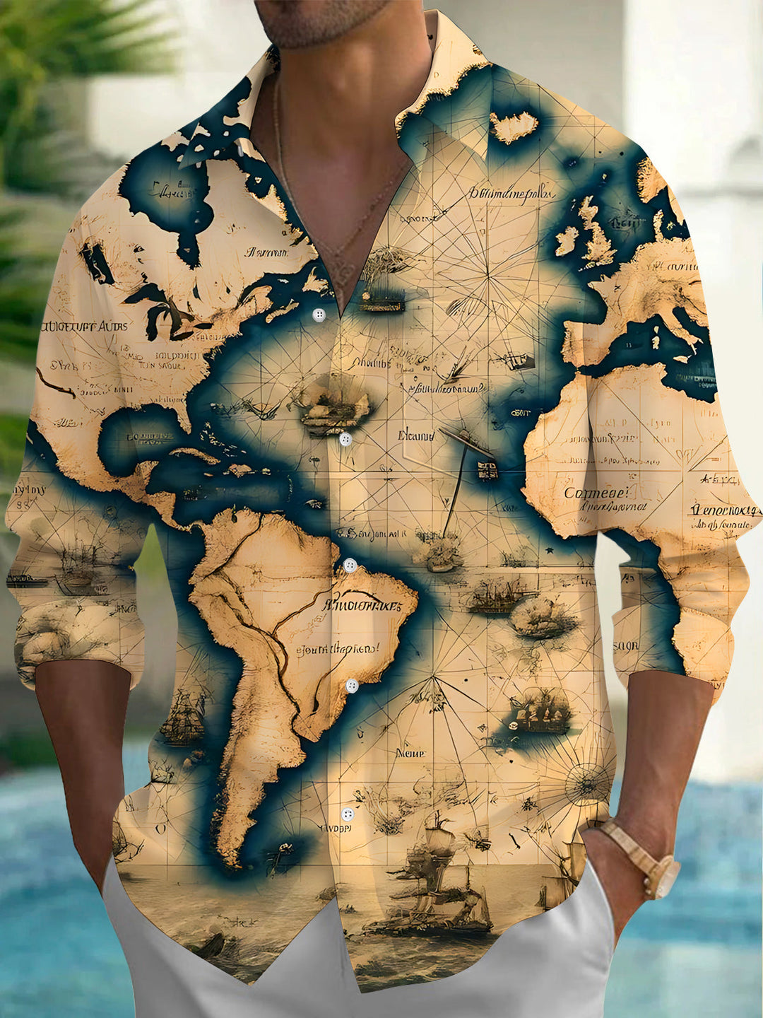 Oceanlyte Men's Vintage Style Vintage World Map Print Long Sleeve Shirt with Chest Pocket