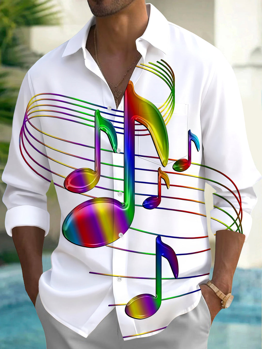Oceanlyte Men's Graphic Rainbow Musical Notes Print Long Sleeve Shirt with Chest Pocket