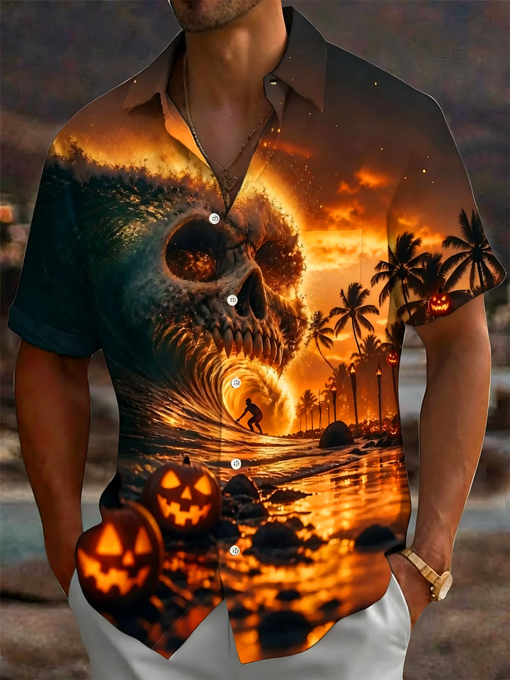 Oceanlyte Men's Hawaiian Skull Wave Sunset Print Short Sleeve Shirt with Chest Pocket