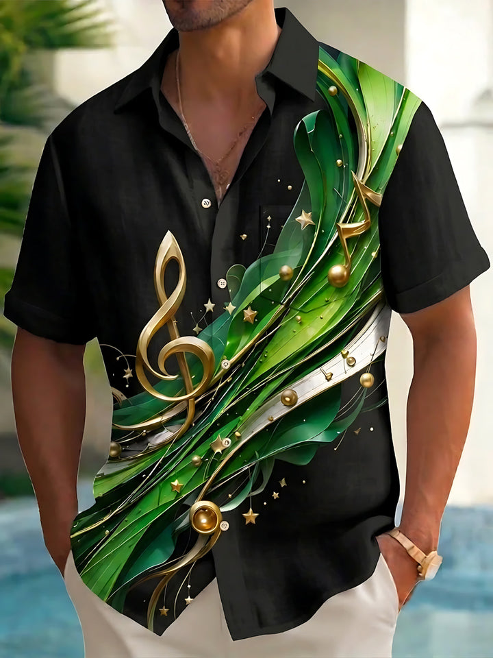 Oceanlyte Men's Graphic Musical Note Print Short Sleeve Shirt with Chest Pocket