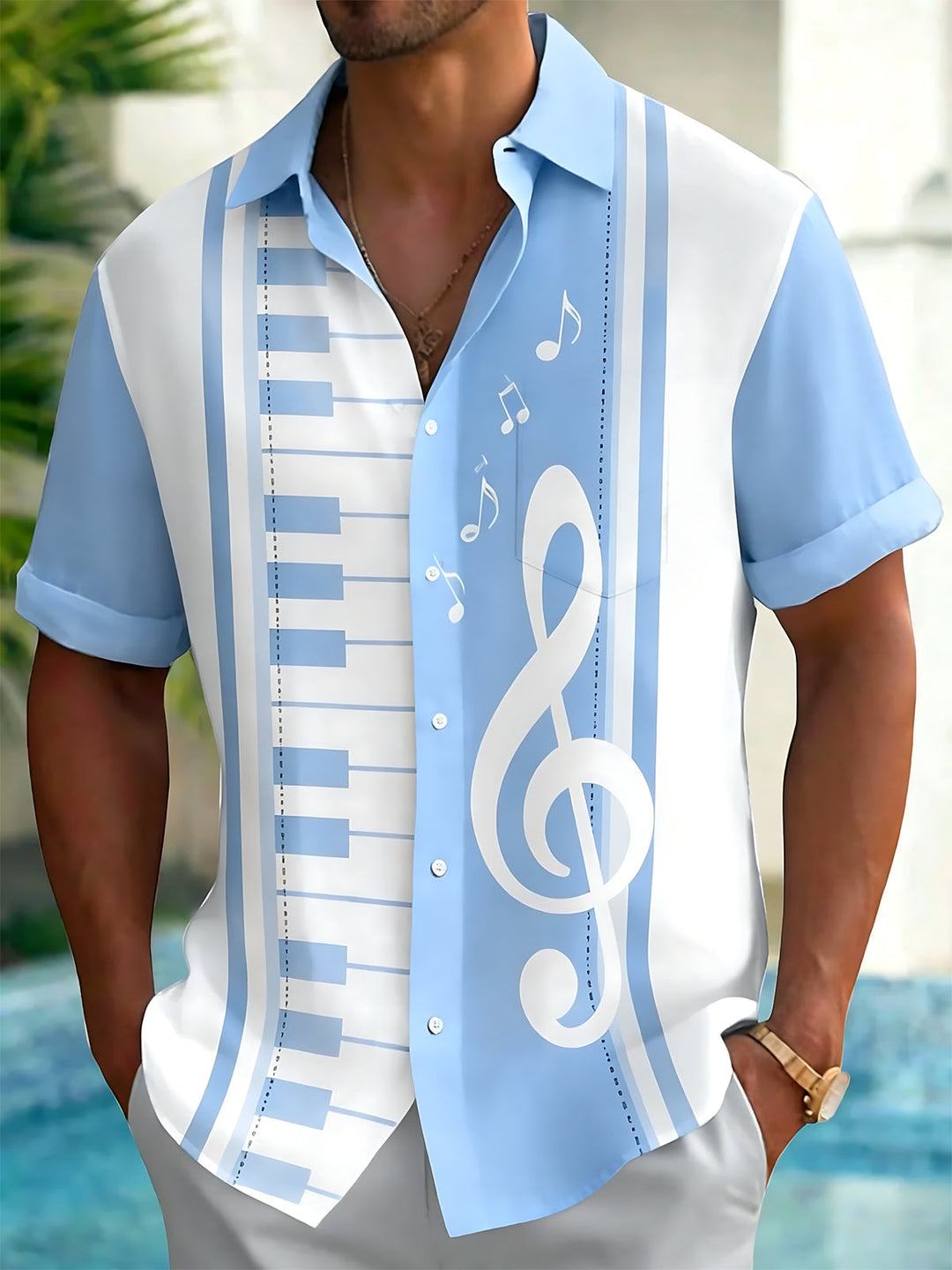 Oceanlyte Men's Graphic Piano Keyboard Print Short Sleeve Shirt with Chest Pocket