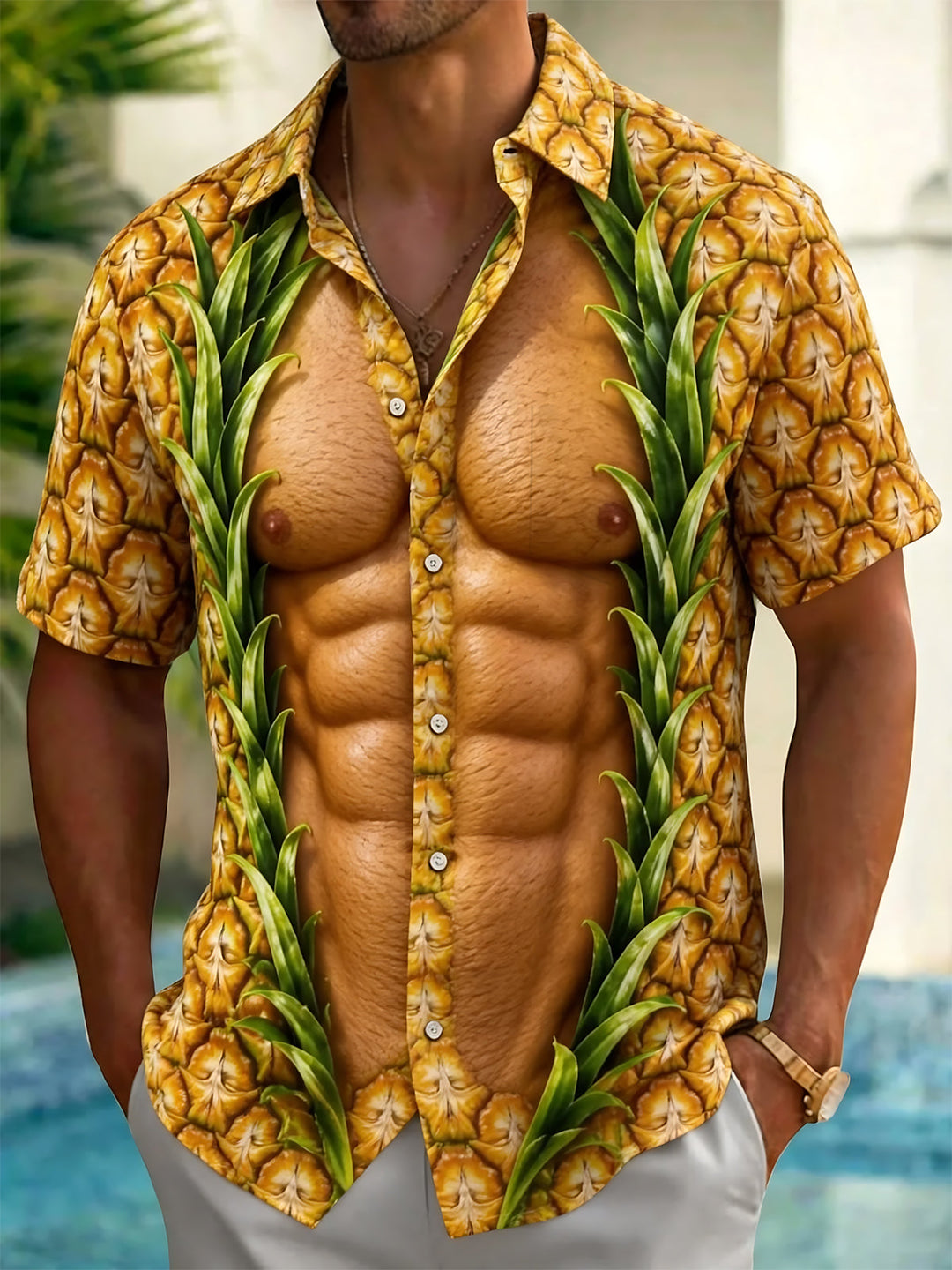 Oceanlyte Men's Hawaiian Pineapple Print Short Sleeve Shirt with Chest Pocket